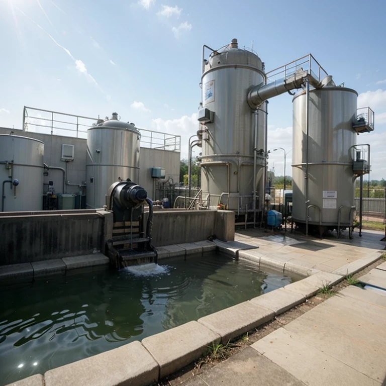 "Make a picture showing a wastewater treatment plant which consists of several process stages. The first stage is collecting wastewater from different sources. Then, the wastewater is channeled to the initial processing stage which consists of initial settling, filtering and biological treatment "After that, the waste water is channeled to the final processing stage which consists of final settling, filtering and chemical treatment. Finally, the treated waste water will be released into the environment."