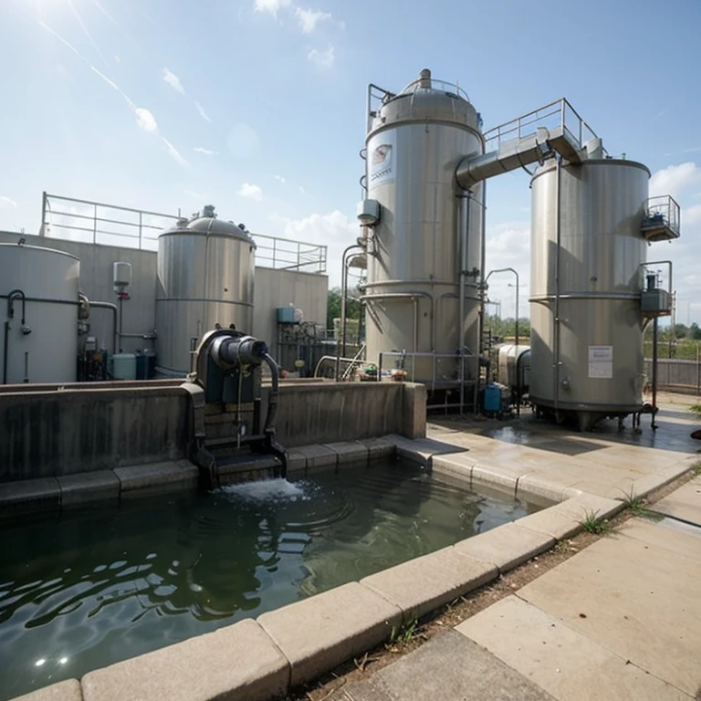 "Make a picture showing a wastewater treatment plant which consists of several process stages. The first stage is collecting wastewater from different sources. Then, the wastewater is channeled to the initial processing stage which consists of initial settling, filtering and biological treatment "After that, the waste water is channeled to the final processing stage which consists of final settling, filtering and chemical treatment. Finally, the treated waste water will be released into the environment."