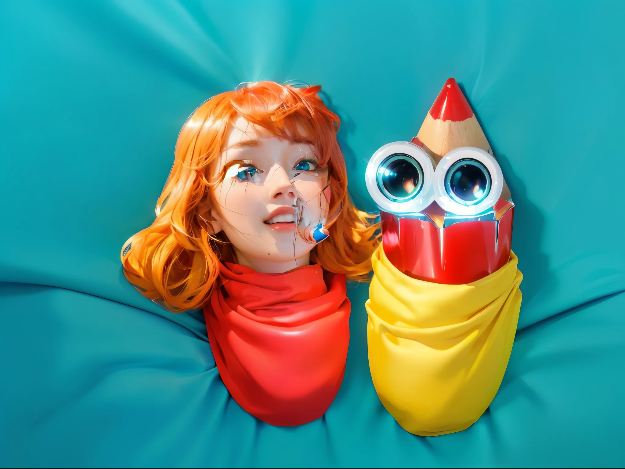 A cartoon girl with a huge smile and red hair is peeking out from a baby bag. Next to her is a red pencil character with eyes crying, also wrapped in a blanket. Both are laying on a blue background blanket., glossy texture, smooth 3d model, multiple light sources, rim light, sharp post effects render, (glossy plastic texture with multiple big light probe refractions), perfect cgi, smooth silhouette, high intensity refraction, (super glossy material), most beautiful vfx, blue background, plastic refractions, realistic, 4k, high resolution, rim light, photo shoot, commercial photo, profile shot, 4k, rim light, high resolution, 4k, glossy texture, smooth 3d model, multiple light sources, rim light, sharp post effects render, (glossy metallic texture with multiple big light probe refractions), perfect cgi, cgi art created only with gradients, smooth silhouette, high intensity refraction, (super glossy chrome material), most beautiful vfx, blue background, chrome metal refractions, multiple light sources, rim light, sharp post effects render, perfect cgi, digital art, detailed digital art, reflective, best quality, 4k, masterpiece:1.2, ultra-detailed, realistic, vivid colors, dark and moody lighting, The image of the highest quality, ensuring every detail showcased perfectly. It in 4k resolution, allowing viewers to immerse themselves in the richness of the colors and intricate details. The realistic rendering. under the spotlight, reflecting, high-resolution image, realistic rendering, dark background, and rim light photorealistic