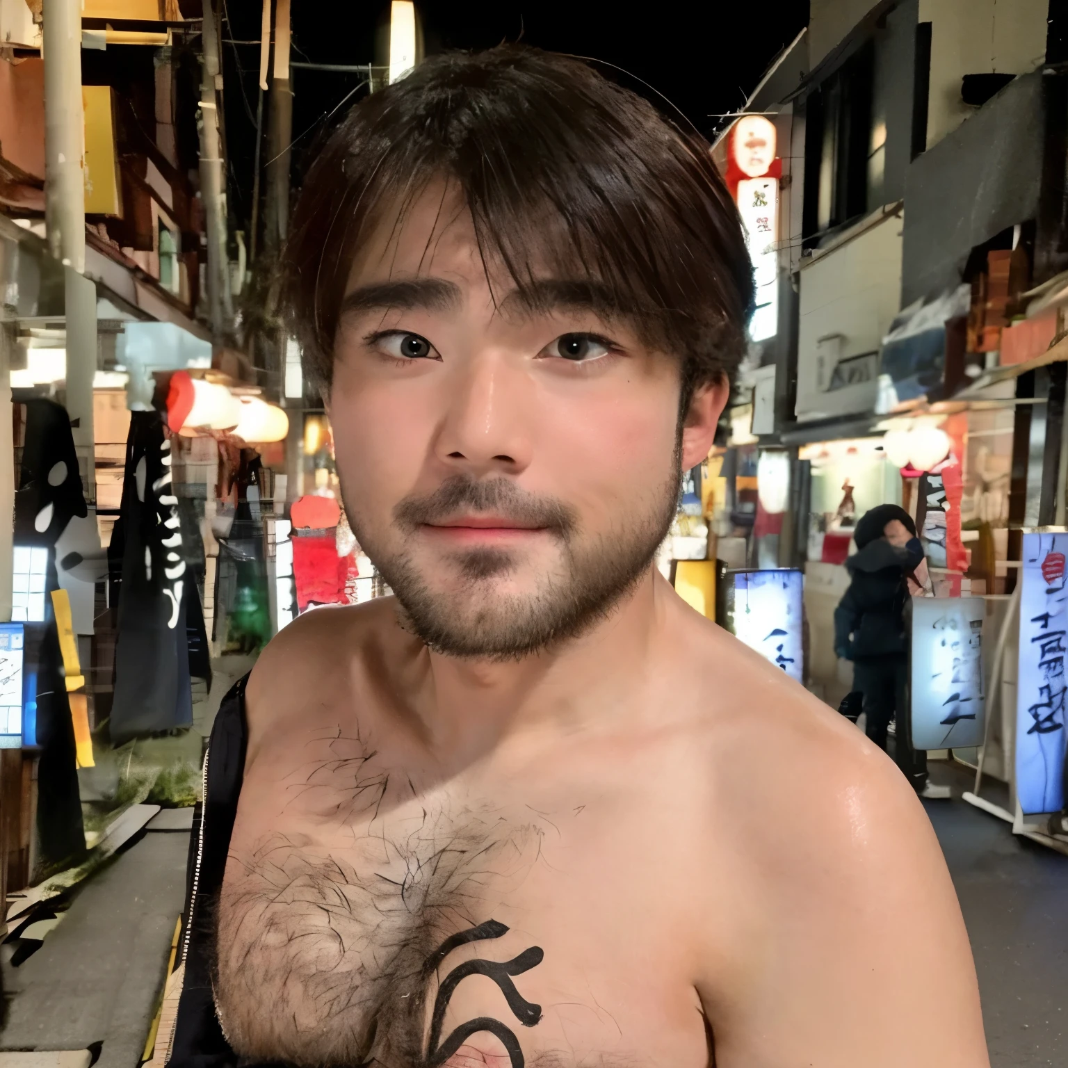 highest quality, Very detailed, figure,
Generate a scene of a drunk male model taking a selfie。He was walking down the street in Japan.、The surrounding scenery and signs are brightly lit。His expression is cheerful、I&#39;m interested in taking selfies、Looks a little drunk。The background is illuminated by the lights of the city at night and indoor lights.、Creates a real-world feel。Above him are overhead lights and traditional lanterns.、Creates a warm atmosphere。His clothes are casual、It incorporates elements that reflect Japanese culture.。The generated image is、It vividly expresses the image of a man enjoying the atmosphere and culture of the Japanese nightlife.、Be able to convey his fun experiences to the audience.。
 