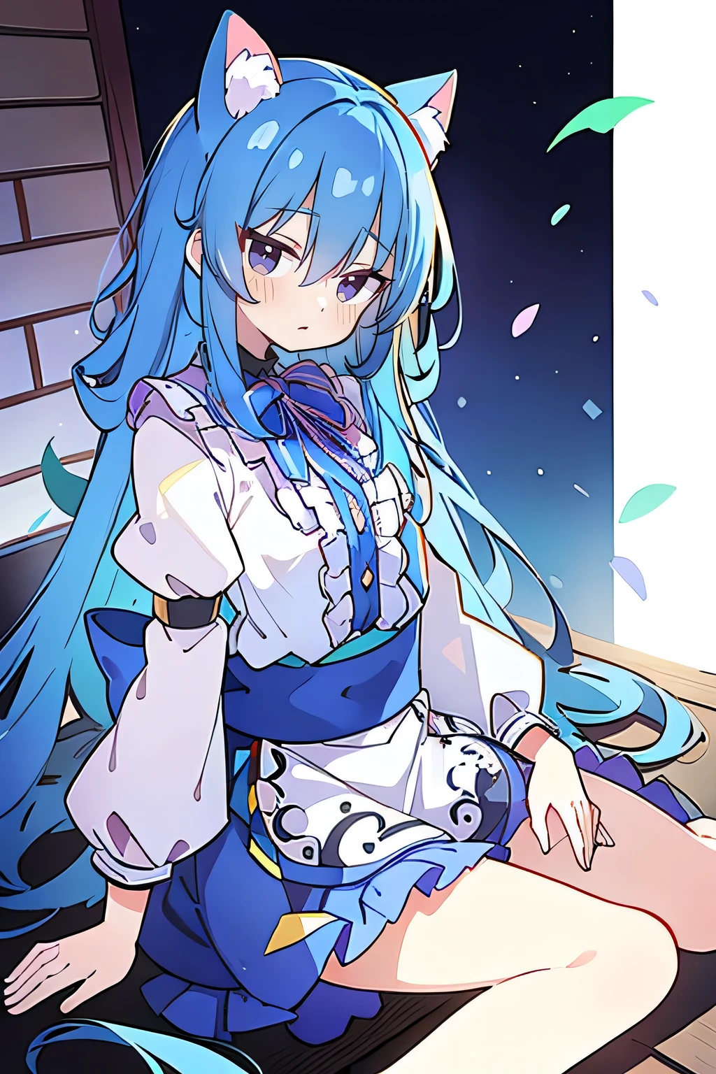 (masterpiece:1.2),ultra-detailed,realistic,expressive eyes,fair-skinned,perfectly shaped face,1girl,
Japanese cartoons,Gorgeous blue hair, flowing blue hair,floating clothes,cat ears,petals falling,beautiful Lola,Hina Angel,
hands on waist,gracefully sitting on the ground,legs crossed,gentle and serene background,cool and comfortable pavilion,shy face ,night .