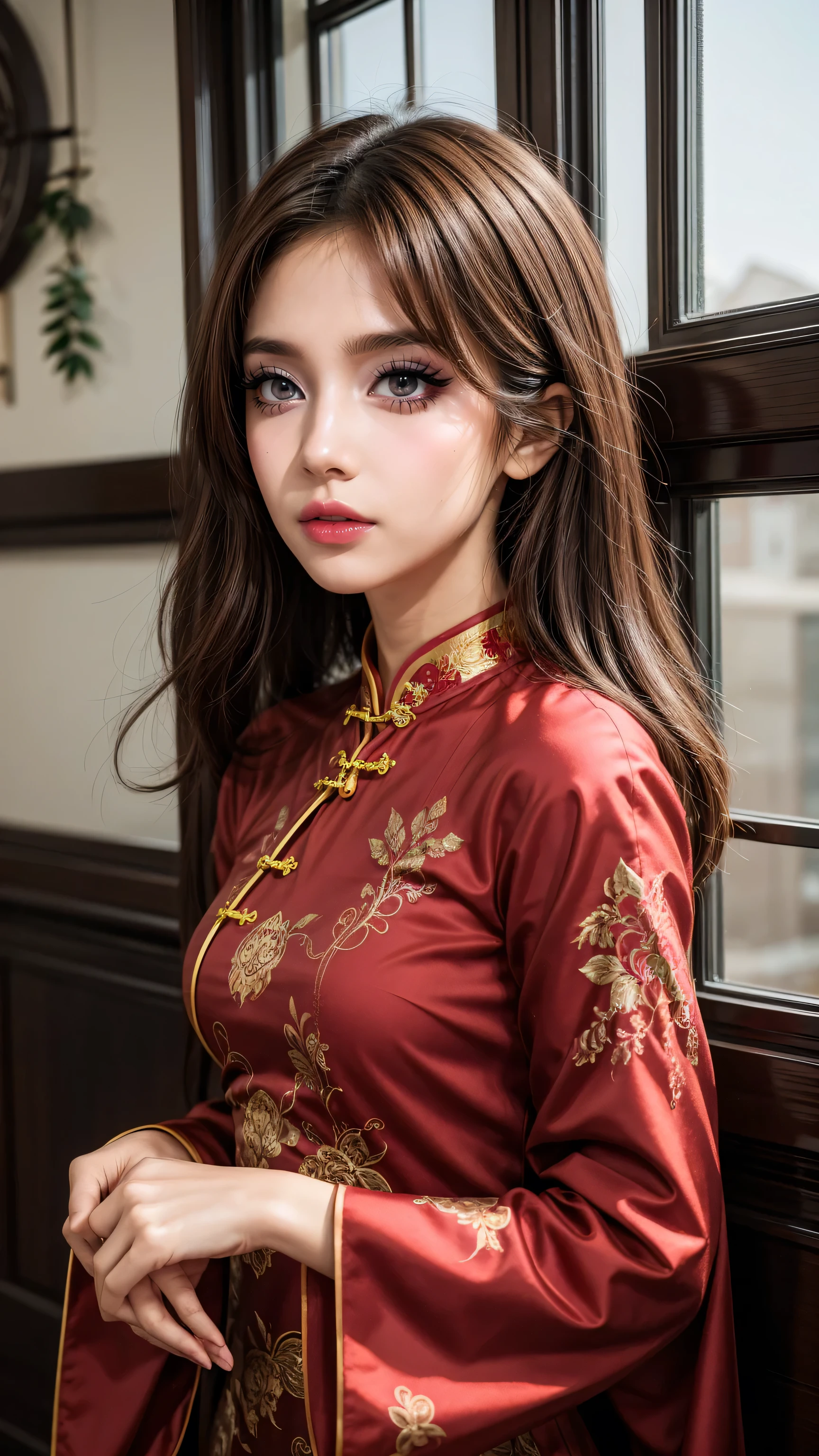 Illustration design, Exquisite Characters, Windows, surface, Brown hair, big eyes, Long cheongsam