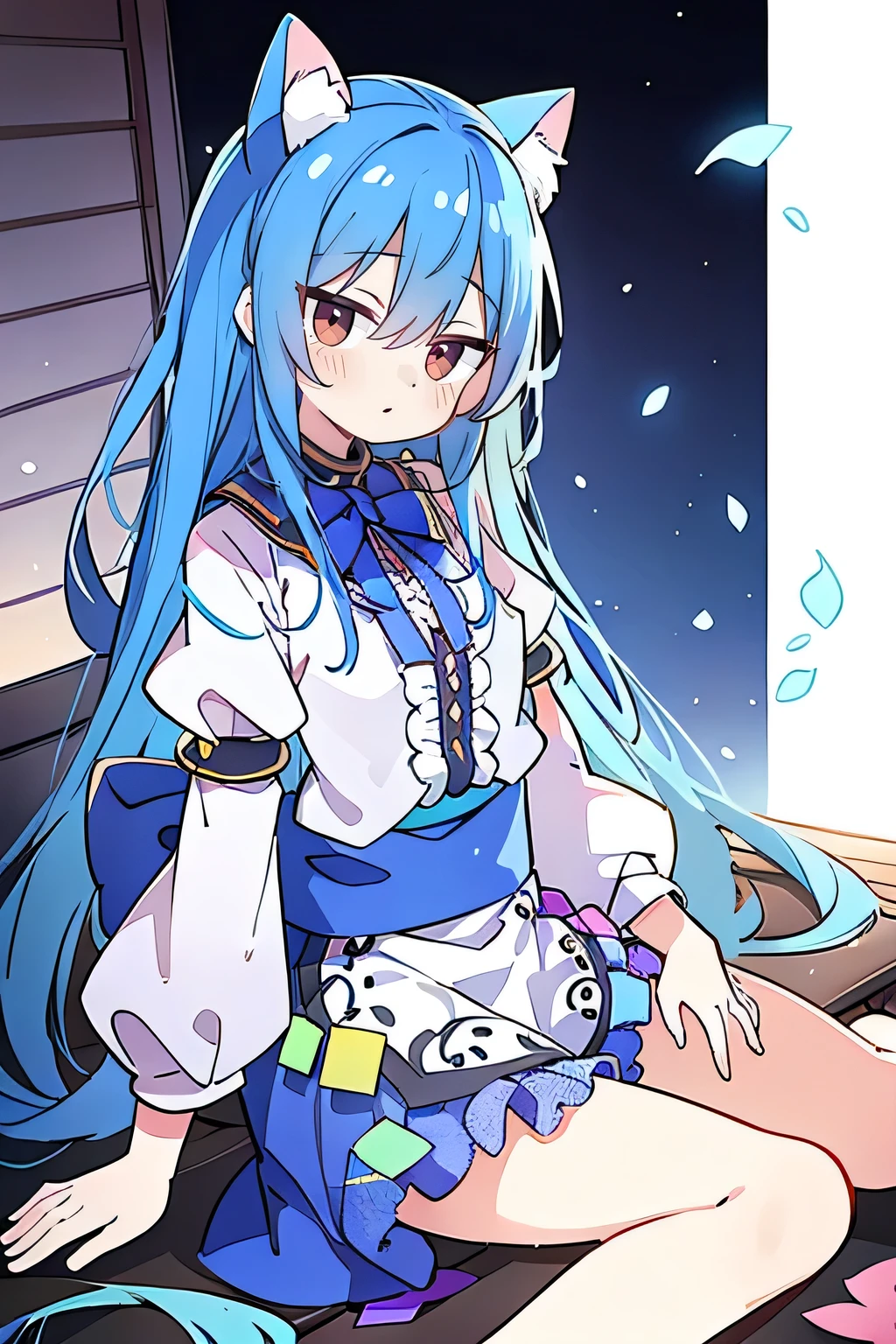 (masterpiece:1.2),ultra-detailed,realistic,expressive eyes,fair-skinned,perfectly shaped face,1girl,
Japanese cartoons,Gorgeous blue hair, flowing blue hair,floating clothes,cat ears,petals falling,beautiful Lola,Hina Angel,
hands on waist,gracefully sitting on the ground,legs crossed,gentle and serene background,cool and comfortable pavilion,shy face ,night .