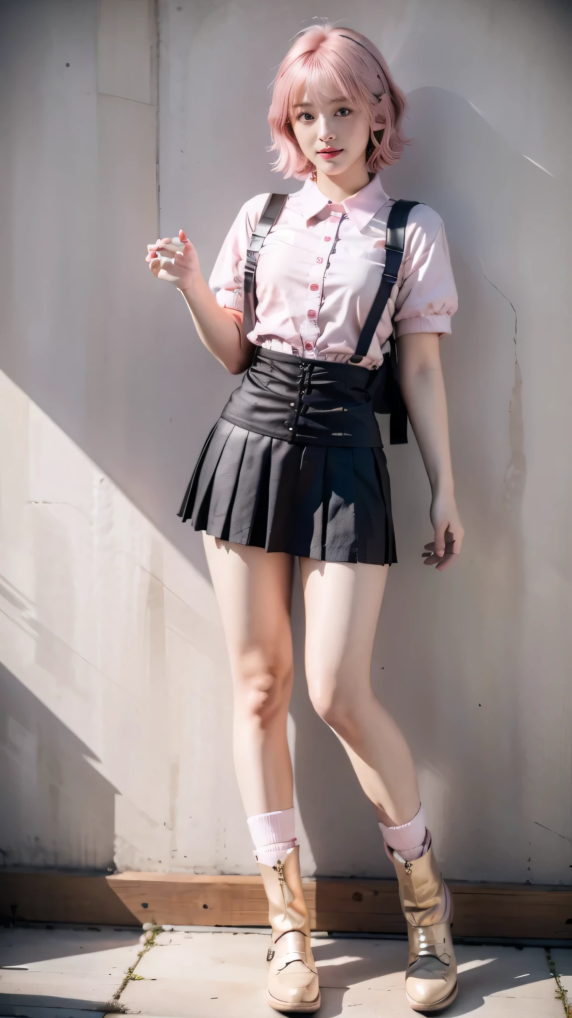 ((school uniform)), (Jumper skirt), ((corset)), (View your viewers),  sexy, ((alone)), (1 female), ((Age 25)), ((highest quality)), ((masterpiece)), (Familiar),   Perfect Face, 8k , (Cowboy Shot),  short hair, (((Pink Hair 1.5))), Bobcut, black eye, Beautiful Princess, smile, Thin thighs, Medium chest, Perfect limbs, ((Metallic costumes)),  sexy, Are standing,