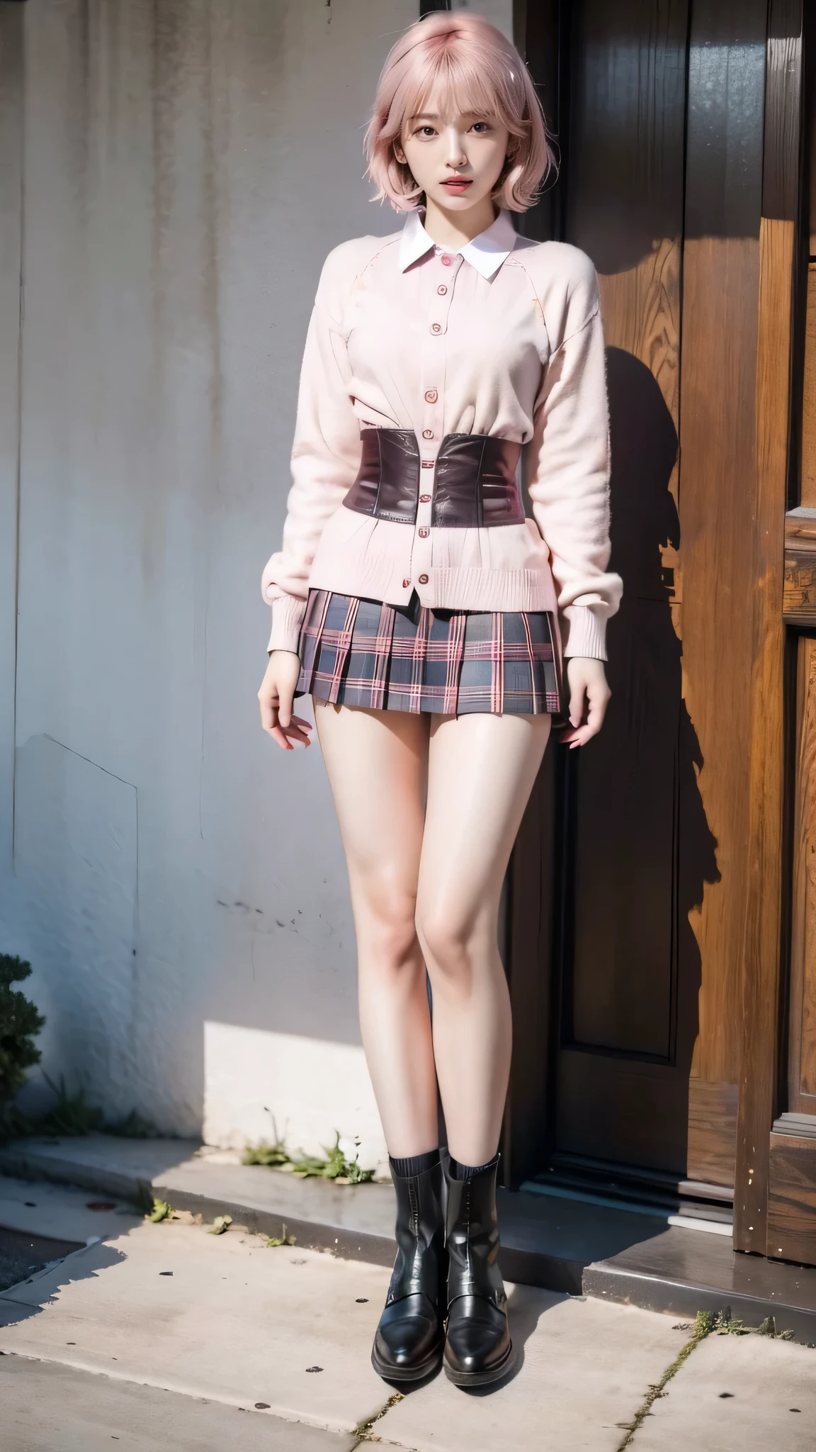 ultra-detailliert、top-quality、girl1、Masterpiece、View looking up from directly below A dark-haired、short-hair、Blunt bangs Round glasses、Red skirt、Beige cardigan Soft thighs、Mansuji Boldly open legs、Illustration inside the skirt、Pull up your panties Background with、Tree House