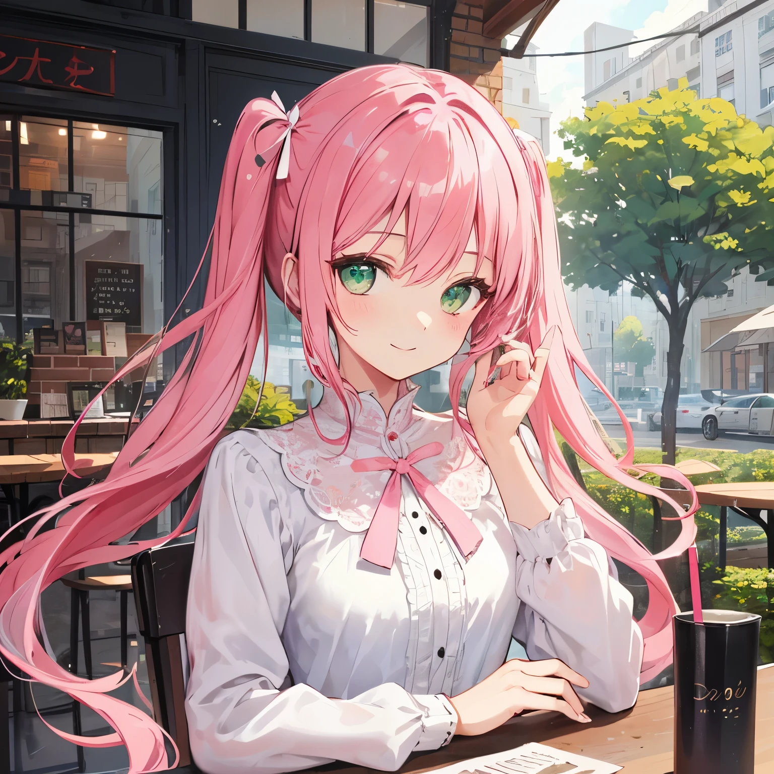 One girl,Jewel Eyes,Beautiful arrangements and motifs、Slight、Game character design、Written boundary depth , wonderful, beauty、Transparency、Game character design、(One Girl:1.0)、Pink Hair、Twin tails、(Straight Hair)、cute、Upper Body、Green Eyes、Inside the cafe、Cafe Background、Sit on a chair、Mass-produced fashion,(White and pink attire:1.2)、front、smile、Pink ribbon