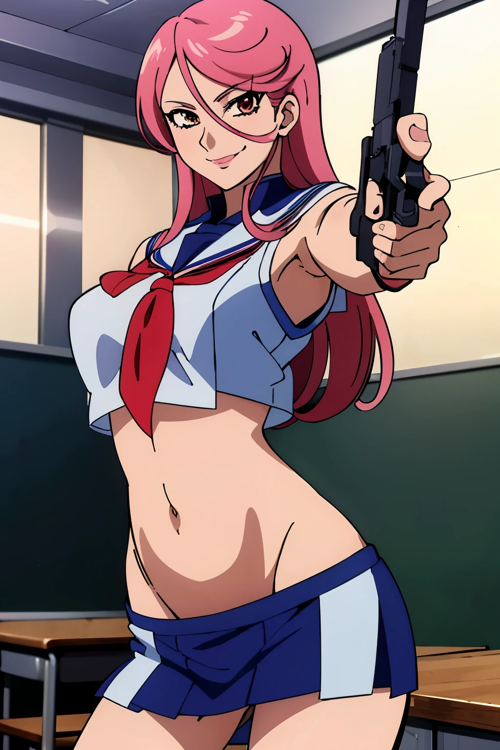  1girl,  natural lighting, solo, high resolution,
srw_ring_mao,  long hair, masterpiece, best quality, highly detailed, a anime girls in sailor uniforms with a gun posing for a picture,
evil smile, smile, ,black_serafuku, ecchi anime style, anime girls , (nsfw) not safe for work,
ecchi style, ecchi, shipgirls, digital anime art!!, high school girls, holding a gun, hold a gun, anime style 4
k, micro skirt, exposed belly, exposed navel, exposed midriff,
exposed lower belly,school, classroom,