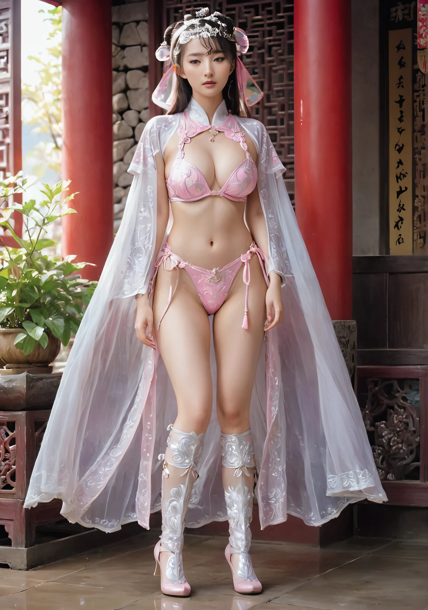 araffe Asian woman in pink lingerie and white boots, full body xianxia, Fantasy Robe, beautiful fantasy queen, Oriental Fantasy, Flowing magic flesh robe, Japanese Goddess, Anime Girl Cosplay, fantasy costumes, asian nymph bald goddess, Light pink bikini, Light pink bikini, palace , Girl wearing Hanfu, sha xi, Chinesedress