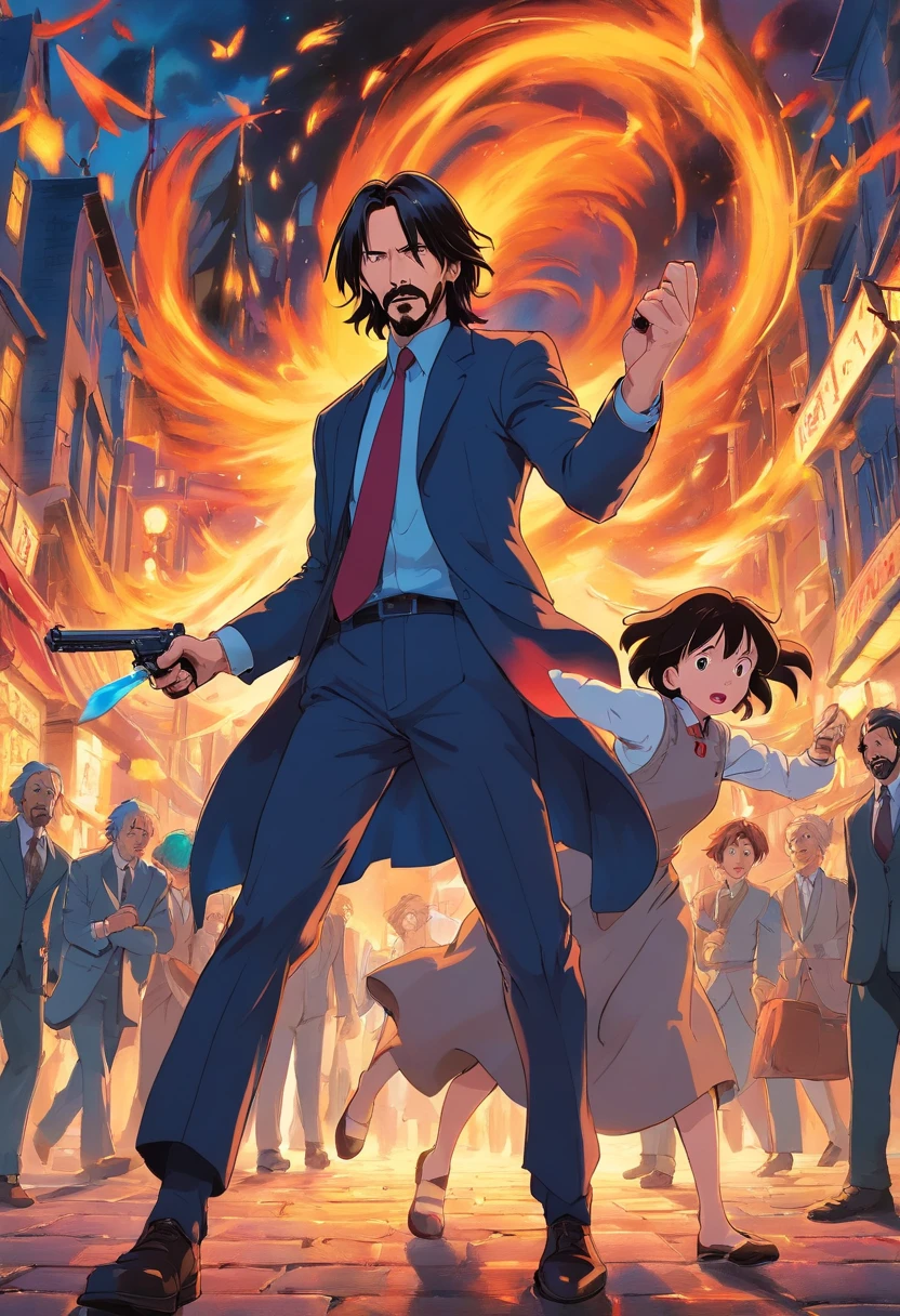 John Wick fighting at avenue ,"howl's moving castle",Directed by Hayao Miyazaki,Studio Ghibli production,Starring Keanu Reeves,