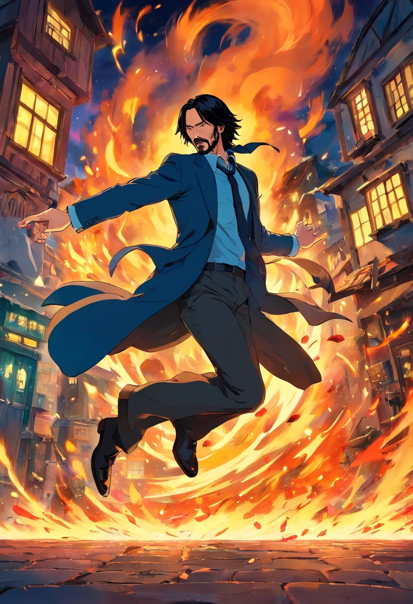 John Wick fighting at avenue ,"howl's moving castle",Directed by Hayao Miyazaki,Studio Ghibli production,Starring Keanu Reeves,