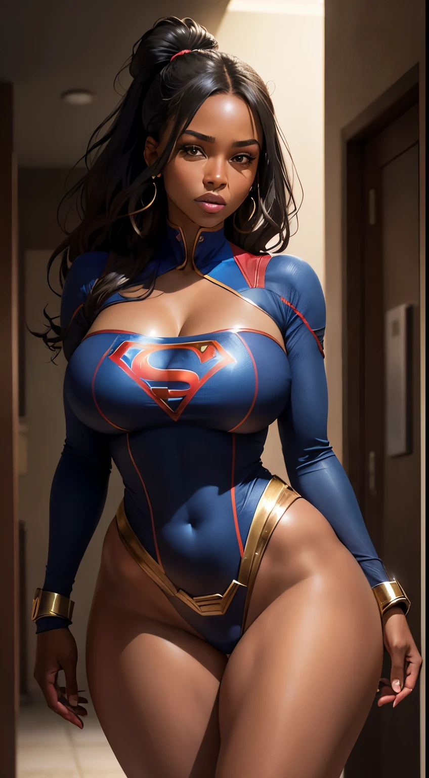 EMily is a black African woman, with very dark skin, aged 55 with dark hair, usually tied in a bun or ponytail. Her eyes are dark and expressive, conveying her sensual and sexy personality. She has an average height, about 1.70m, with large, very large breasts and huge hips, BBW. Emily is a superhero, Wear supergirl's clothes with sexy cleavage. She usually wears little makeup, preferring a natural look. best quality, Realistic photo, full body photo, sexy sensual poses, photo taken from bottom to top. (wide hips:1.4)