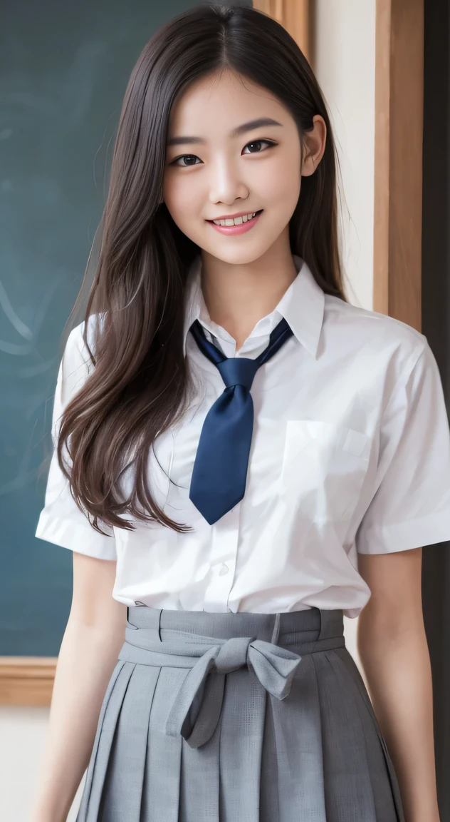 masterpiece, best quality, 8k, 85mm portrait, absurdres, beautiful girl, (noon, photo from the waist up body:1.5), cute, (In the classroom of the school, ), (school uniform, white (the abdomen is visible) shirt, short sleeve, dark navyish grey pleated (mini skirt:1.2), dark grey tie:1.2), long hair, slender, ,, no makeup,, perspective, depth of field, ultra realistic, highres, photography, sharp focus, HDR, facelight, dynamic lighting, highest detailed, extreme detailed, , finely detail, real skin, delicate facial features, shy smiling, ,