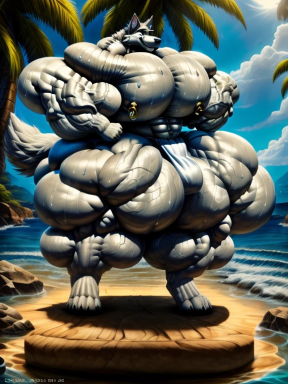 4k, high resolution, best quality, perfect lightning, perfect, solo, anthro, young, boy,white wolf:2.0, furry body, (fluffy mane:1.2), fluffy tail, male, adult, (bulky2:0, thick muscles2:0, huge muscles:2.0, hyper muscles:2.0), (thick biceps, veiny biceps, big broad veiny pecs:2.0, broad shoulders:2.0), (thick legs, thick calves:1.1), (digitigrade legs, 4 toes:1.2), perfect colors, (photorealistic fur, detailed fur, epic, masterpiece), (suggestive posing:1.2), (seductive smile, lustful grin 1.3), detailed beach,detailed wolf eyes:2.0, by k0suna, by darkgem,nipple ring,big pecs:2.0,hyper arms:2.0,veins,white body,white fur,hyper butt:2.0,hyper paws:2.0,standing,thick legs,thick butts:2.0,sweat body:2.0,massive butt:2.0,hyper ass:2.0,huge ass:2.0,presenting butt:1.2,long legs,white fundoshi