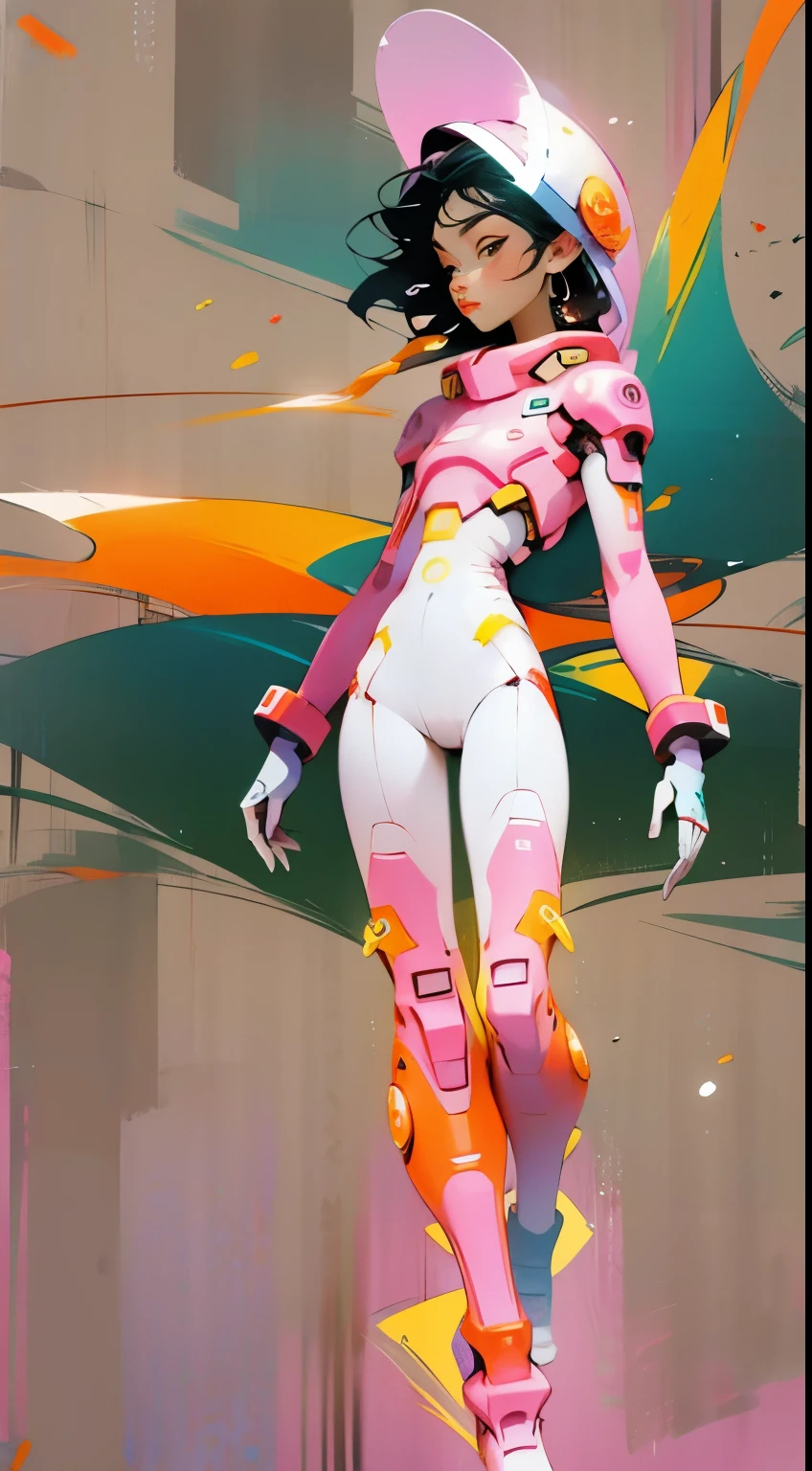 (Super detailed,Ultra-high resolution,Detailed background),((2D)),((Flat Color)),((pastel colors)),((floating neon lights)),1 Girl,Solitary,Looking at the audience, rest, Spray paint, Graffiti, Wearing a printed space suit、Girl wearing a helmet, Plush Check Scarf, Full body image