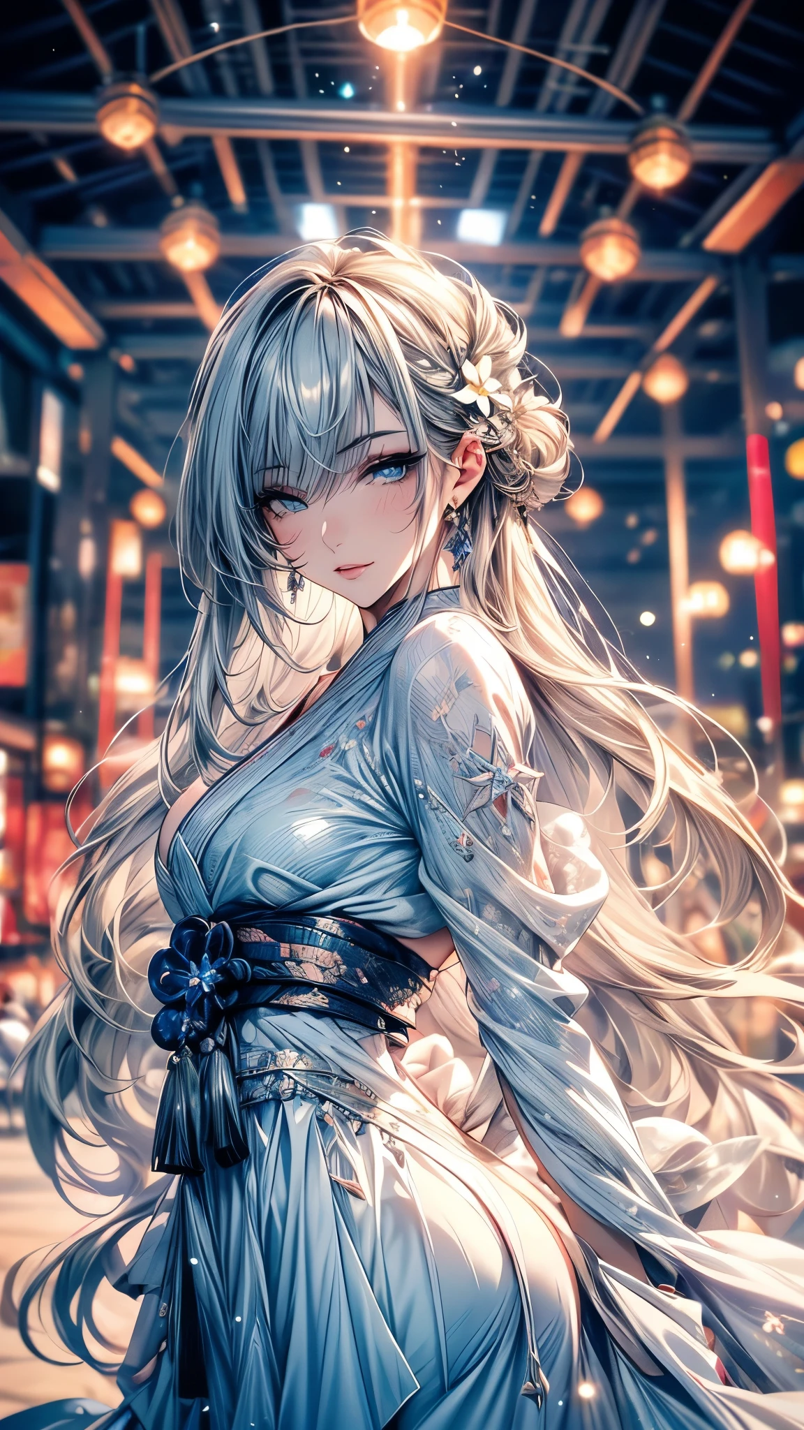 (Ultra-delicate), (Be focused), (high resolution), Deformed depth of field blurred background, Detailed background, Perfect layer cut, Atmospheric distance, (full-body shot/Cowboy shooting/Rear view/top view/top view), wallpaper, (((Silver hair with gradient stripes and light blue tail))), Cute beauty face, (focus on face), Ultra-fine facial texture, ((Clear light blue eyes)), thin eyebrows, long upper eyelashes, Double eyelids, Upper Eye, high fidelity eyes, (super detailed eyes), sexy lips, Rich lips details, White skin, Delicate skin, Shimmer, complicated, familiar, black magician, particle, constellation, Stardust, universe, ((flower)), Comfort and tranquility, peaceful, Japan, Himiko, kimono, With crystal, Fortune Telling, time and space, artistic, 8k