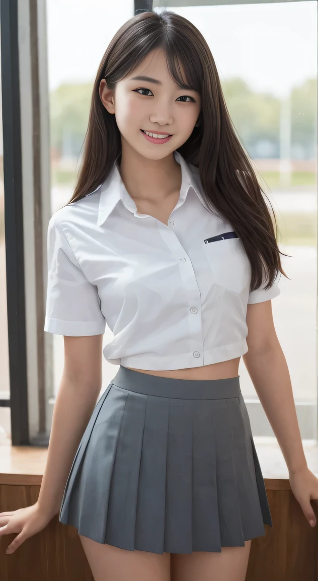 masterpiece, best quality, 8k, 85mm portrait, absurdres, beautiful girl, (noon, photo from the waist up body:1.5), cute, (In the classroom of the school, ), (school uniform, white (the abdomen is visible) shirt, short sleeve, dark navyish grey pleated (mini skirt:1.2), ), long hair, slender, ,, no makeup,, perspective, depth of field, ultra realistic, highres, photography, sharp focus, HDR, facelight, dynamic lighting, highest detailed, extreme detailed, , finely detail, real skin, delicate facial features, shy smiling, ,