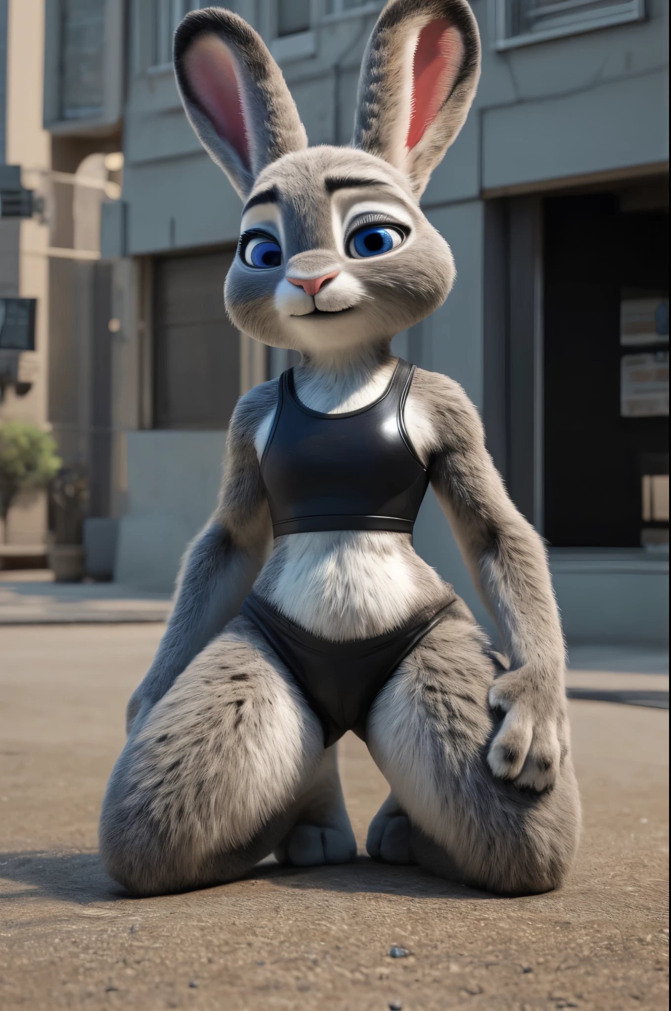 3d,16k,realistic fur,,thick thighs,bright blue eyes,masterpiece HIFI,thick thigh, fluffy hair,young judy hopps,zootopia ,posing kneeling on the ground,butt,thin hips, thick legs,detailed textures, ultra-high pixel detail, intricate, realistic, movie scene, cinematic, high-quality, full colors, incredibly detailed, 16k, hyper-realistic, RAW photo, masterpiece, ultra-detailed, professionally color graded, professional photography,thick thighs,thick paws,thin waist,Thick Paws,tail rabbit,,thin hips, thick thighs, thick paws,Tight latex pants, sports bra, clothing with realistic details, seductive face, in the field,showing the crotch part
