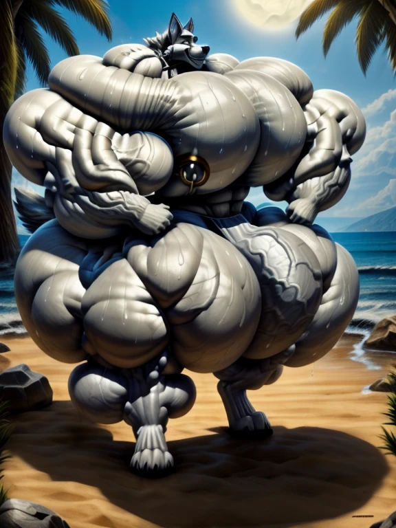 4k, high resolution, best quality, perfect lightning, perfect, solo, anthro, young, boy,white wolf:2.0, furry body, (fluffy mane:1.2), fluffy tail, male, adult, (bulky2:0, thick muscles2:0, huge muscles:2.0, hyper muscles:2.0), (thick biceps, veiny biceps, big broad veiny pecs:2.0, broad shoulders:2.0), (thick legs, thick calves:1.1), (digitigrade legs, 4 toes:1.2), perfect colors, (photorealistic fur, detailed fur, epic, masterpiece), (suggestive posing:1.2), (seductive smile, lustful grin 1.3), detailed beach,detailed wolf eyes:2.0, by k0suna, by darkgem,nipple ring,big pecs:2.0,hyper arms:2.0,veins,white body,white fur,hyper butt:2.0,hyper paws:2.0,standing,thick legs,thick butts:2.0,sweat body:2.0,massive butt:2.0,hyper ass:2.0,huge ass:2.0,presenting butt:1.2,long legs,white fundoshi