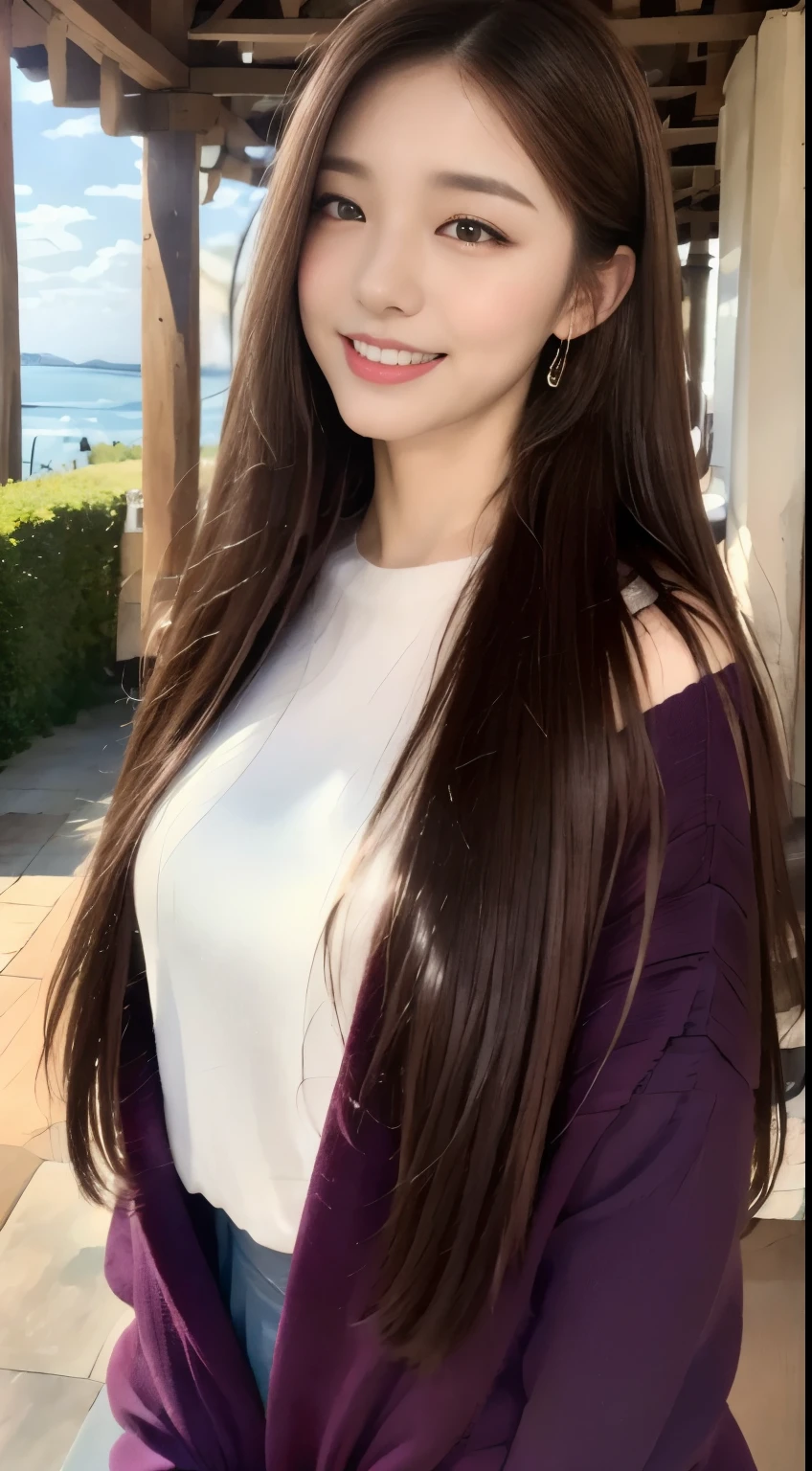 ((highest quality, 8k, masterpiece :1.3)), One Girl, close, ((A very affectionate smile:1.2)),Red lipstick,Dark lipstick,Beautiful woman, Big Breasts:1.3,Violet Sweater,Orange tight skirt,Highly detailed face, fine grain, double eyelid, Blur the background, outside, sunny, Ocean, nature,amusement park, (Maximum resolution: 1.4), (Ultra high definition: 1.2), Cinematic Light, (Detailed eyesと肌), (Detailed facial features), 8k resolution, Perfect Style, Beautiful expression、Highly detailed faceと肌の質感、Detailed eyes、double eyelid、((Pure white skin:1.2)),Glossy Lips:1.2、Detailed lips,Wet lips,((Full Body Shot:1.2)),(Straight Hairstyles、Light brown hair)、One-length long hair、175cm,Slim Abs
