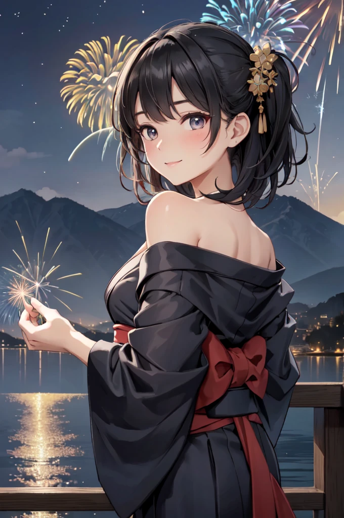 masterpiece, best quality, ultra detailed, highres, extremely detailed CG unity 8k wallpaper, perfect lighting, very detailed background, beautiful and aesthetic,sharp focus, perfect face, dynamic pose, dynamic angle,
1girl, upper body, (portrait:1.1), medium hair, black hair, multicolored yukata, kanzashi, looking at viewer, full-face blush, from side, from below, smile,
night, dark sky, misty lake, mountainous horizon, break,aerial fireworks, (Full of sky fireworks:1.1),
Shoulder Bare、Off the shoulder