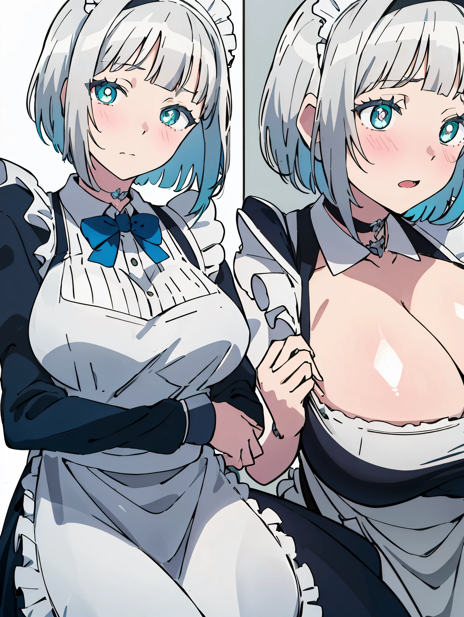 1 girl,AnnaNishikinomiya, white hair, aqua eyes, short hair, black hairband, choker, large breasts,
BREAK (maid,maid headdress, maid apron, blue bow:1.2), BREAK medium shot , angled shot from the side , from below,
BREAK ((anime girl)), best quality, expressive eyes, perfect face, (masterpiece), best quality, expressive eyes, perfect face, ((best quality)), ((ultra-detailed)), ((an extremely delicate and beautiful)), perfect eyes, perfect body, ((details pupils)), ((detailed pupils)), ((synmetry eyes)), beautiful eyes, ((thick thighs)), shiny skin, soft skin, ((synmetry body)), ((perfect body)),perfect hands, perfect anatomy),