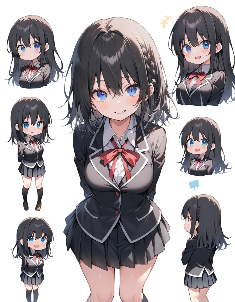 White background、Solid white background、Blank background、just standing girl, One Girl、コミカルなMedaka、Medaka、Ultra-high resolution, highest quality,fish-bone braid hair、Fishbone Hair、black hair、Full body shot,arms behind back、Put your hands behind your back、Hide your hands、busty、beautiful detailed eyes、Black hair × Blue eyes、blue eyes、Open your mouth without showing your teeth、Smile with mouth wide open、 Black long sleeve blazer,Black pleated skirt、Knee-high socks、loafers、