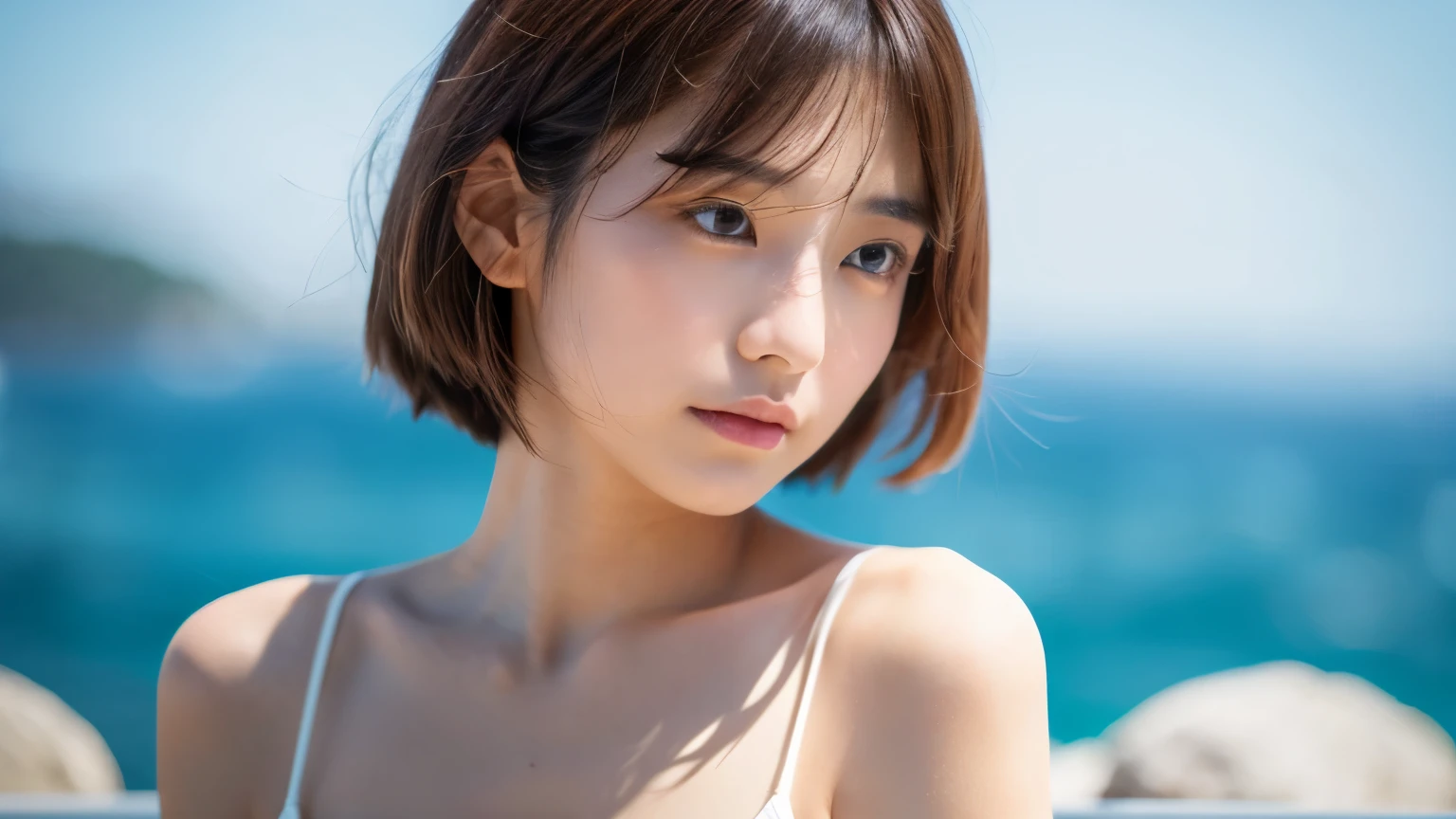 1girl, best quality, realistic, solo, depth of field, natural lighting, daytime, alluring, beautiful face, clean, pure face, pale skin, cute, short hair, beach, sunshine,flat chest, tiny breast, full body, ((sweater,beautfully face)),