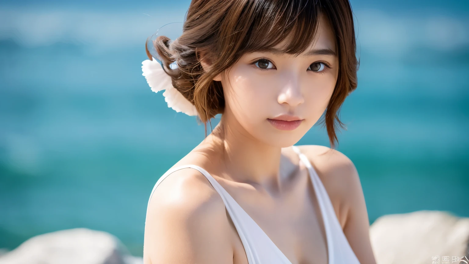 Young Japanese woman, 20s, background is the sea, swimsuit, simple background, white brown hair, slender, 4K, 8K medium, high resolution, beautiful woman, beautiful eyes, simple, high resolution, alone, beautiful skin, beautiful skin ,