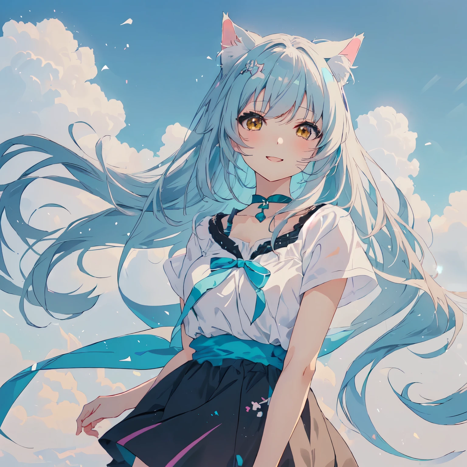happy anime girl with gray hair and brown eyes and a white top, beautiful anime catgirl, very beautiful anime cat girl, cute anime catgirl, anime catgirl, anime girl with cat ears, anime girl with teal hair, anime moe artstyle, anime artstyle, anime cat, anime style 4 k, anime style. 8k