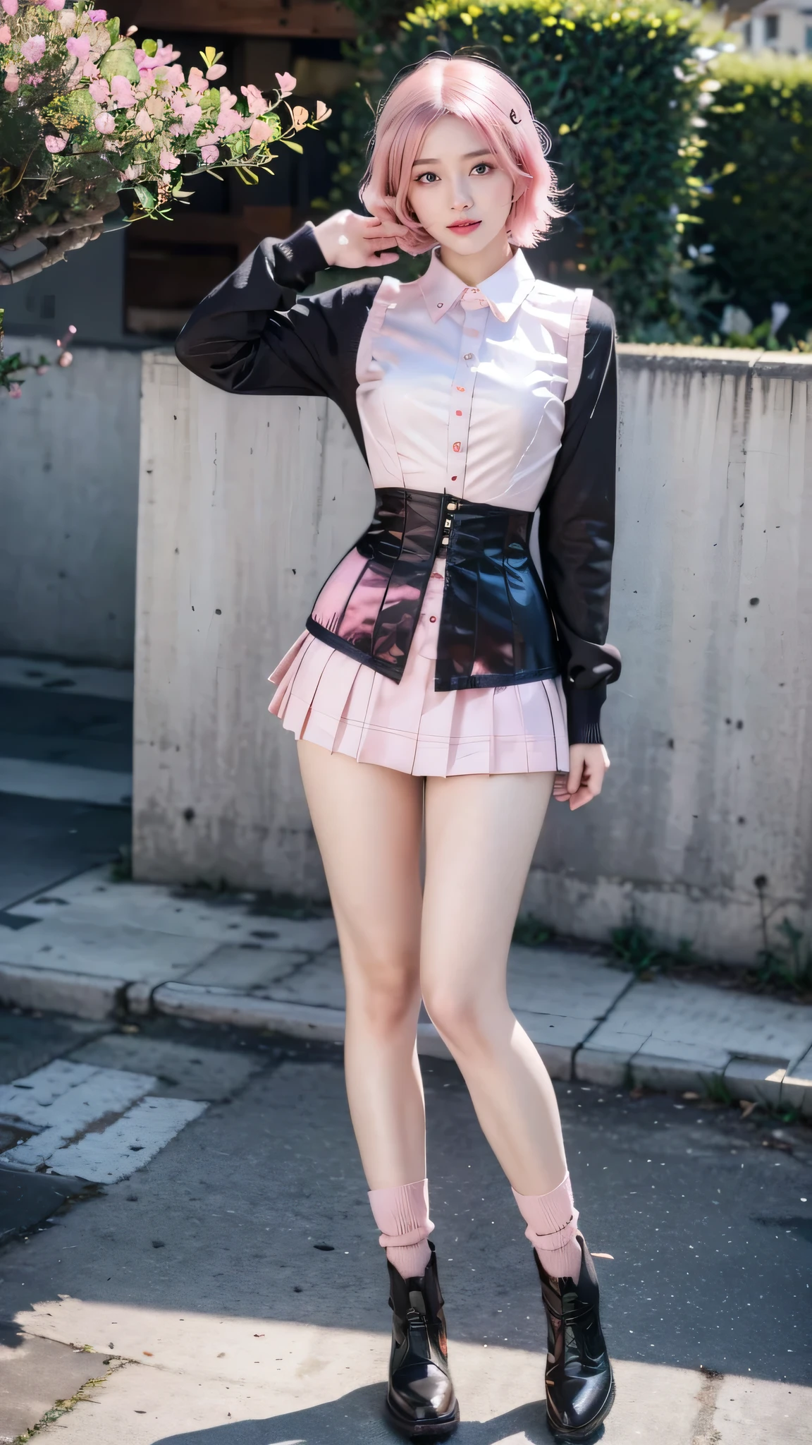 ((school uniform)), (Jumper skirt), ((corset)), (View your viewers),  sexy, ((alone)), (1 female),  ((highest quality)), ((masterpiece)), (Familiar),   Perfect Face, 8k , (Cowboy Shot),  short hair, (((Pink Hair 1.5))), Bobcut, black eye, Beautiful Princess, smile, Thin thighs, Medium chest, Perfect limbs, ((Metallic costumes)),  sexy, Are standing,
