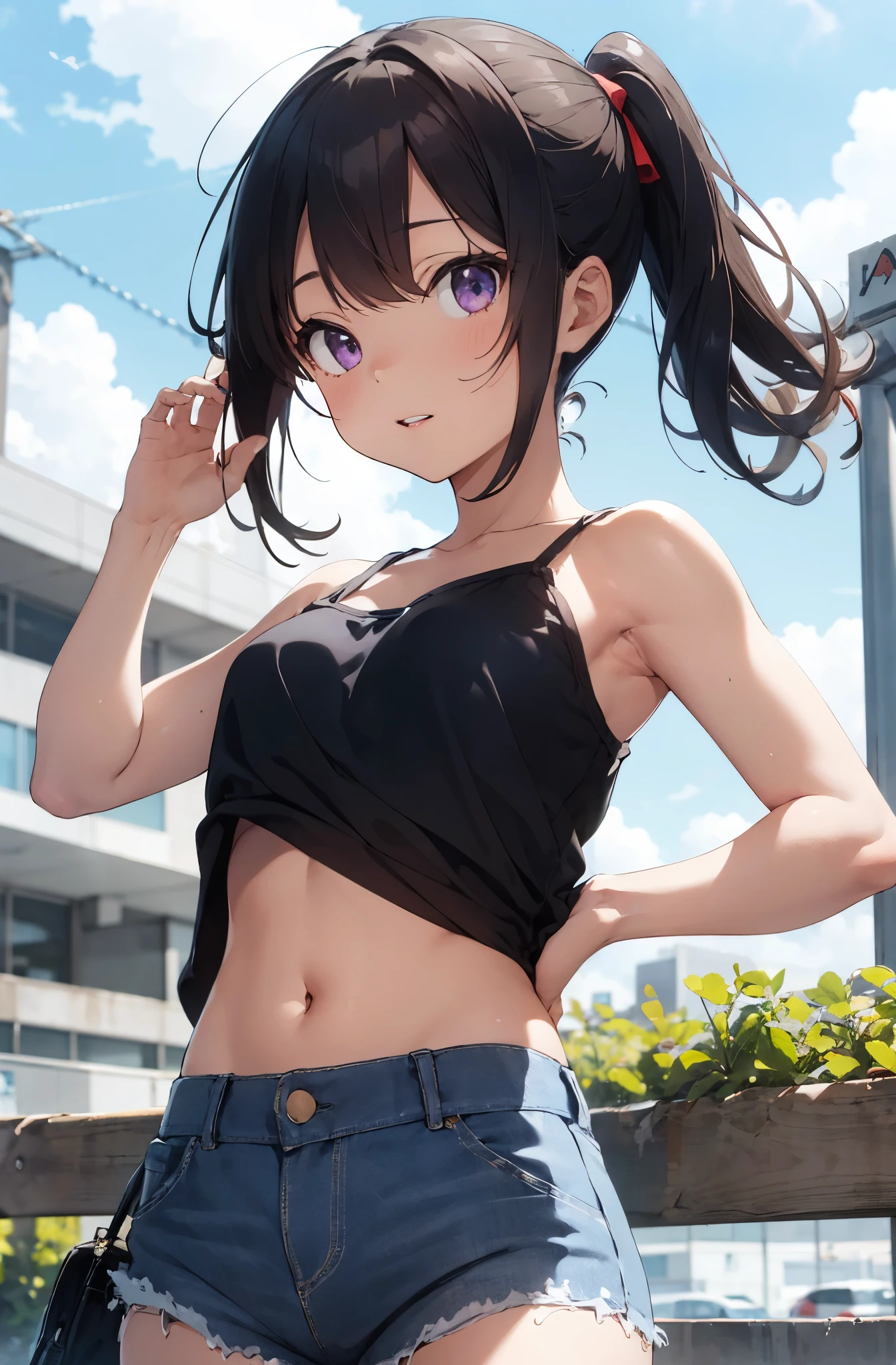 One girl, kuraue hinata, s○l○, Black Hair, Purple eyes, Underarm, Undressing, Twin tails, sh○rt hair, Raise the hand, ○pen m○uth, blush, camis○le, l○○king at viewer, fr○m bel○w, br○wn sh○rts, tank t○p, Striped shirt, Are standing, sh○rt sh○rts, yell○w sh○rts, l○○king d○wn, c○wb○y sh○t, White shirt, :○, c○llarb○ne, striped camis○le, Spaghetti Straps, Lift up your shirt, bare sh○ulders, eyebr○ws visible thr○ugh hair, belly button, Small breasts, Sleeveless shirt, ○utd○○rs, Day, blue sky, Day光, masterpiece, highest quality 、Wakame seaweed、Wakame seaweed、Wakame seaweed、Wakame seaweed、Wakame seaweed、Wakame seaweed、