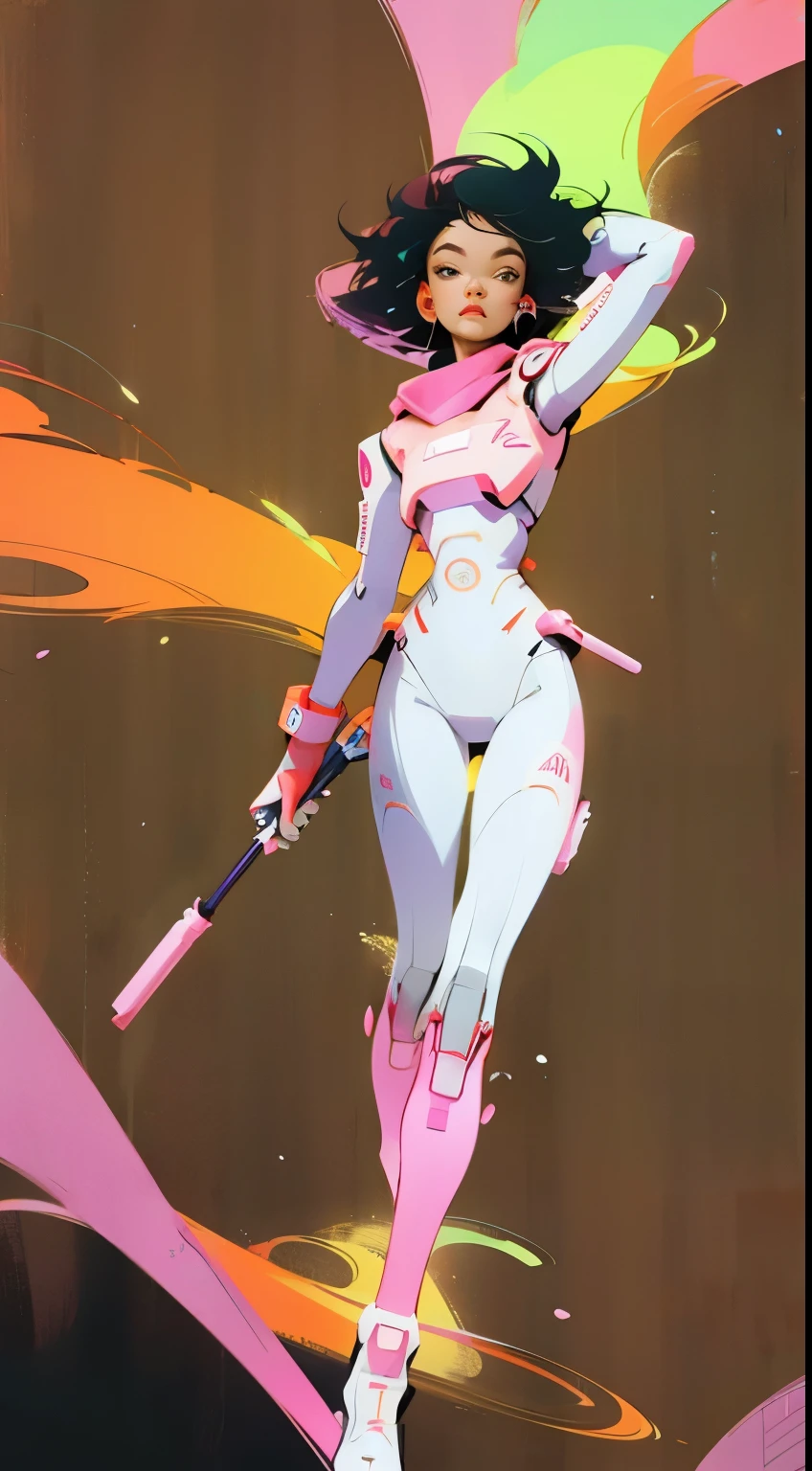 (Super detailed,Ultra-high resolution,Detailed background),((2D)),((Flat Color)),((pastel colors)),((floating neon lights)),1 Girl,Solitary,Looking at the audience, rest, Spray paint, Graffiti, Wearing a printed space suit、Girl wearing a helmet, Plush Check Scarf, Full body image
