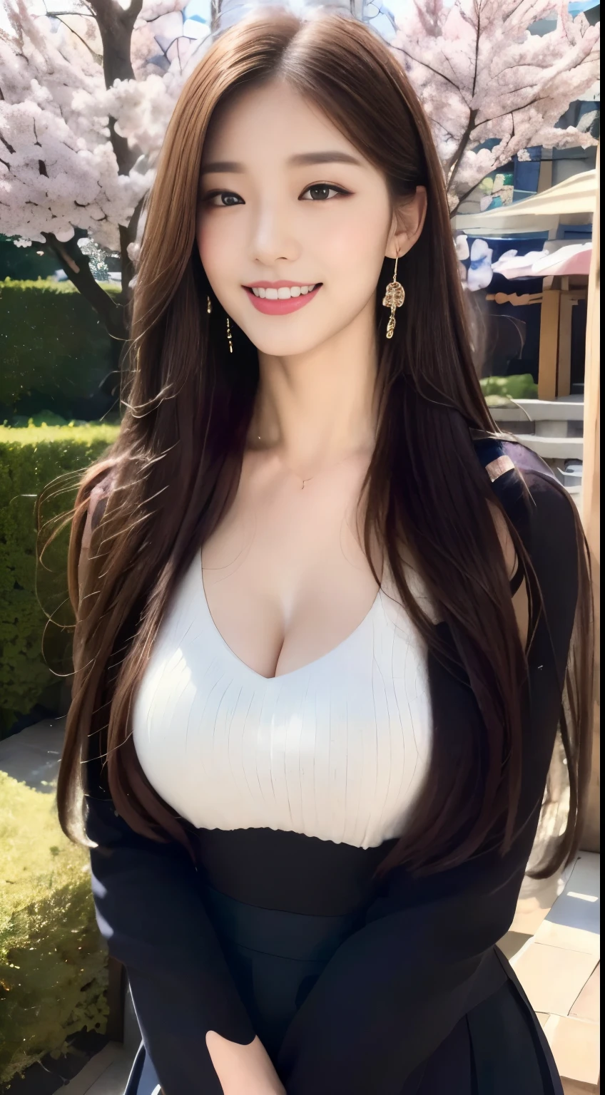 ((highest quality, 8k, masterpiece :1.3)), One Girl, close, ((A very affectionate smile:1.2)),Red lipstick,Dark lipstick,Beautiful woman, Big Breasts:1.3,Violet Sweater,Orange tight skirt,Highly detailed face, fine grain, double eyelid,  Blur the background, outside, sunny,cherry blossoms, spring, nature,amusement park, (Maximum resolution: 1.4), (Ultra high definition: 1.2), Cinematic Light, (Detailed eyesと肌), (Detailed facial features), 8k resolution, Perfect Style, Beautiful expression、Highly detailed faceと肌の質感、Detailed eyes、double eyelid、((Pure white skin:1.2)),Glossy Lips:1.2、Detailed lips,Wet lips,((Full Body Shot:1.2)),(Straight Hairstyles、Light brown hair)、One-length long hair、175cm