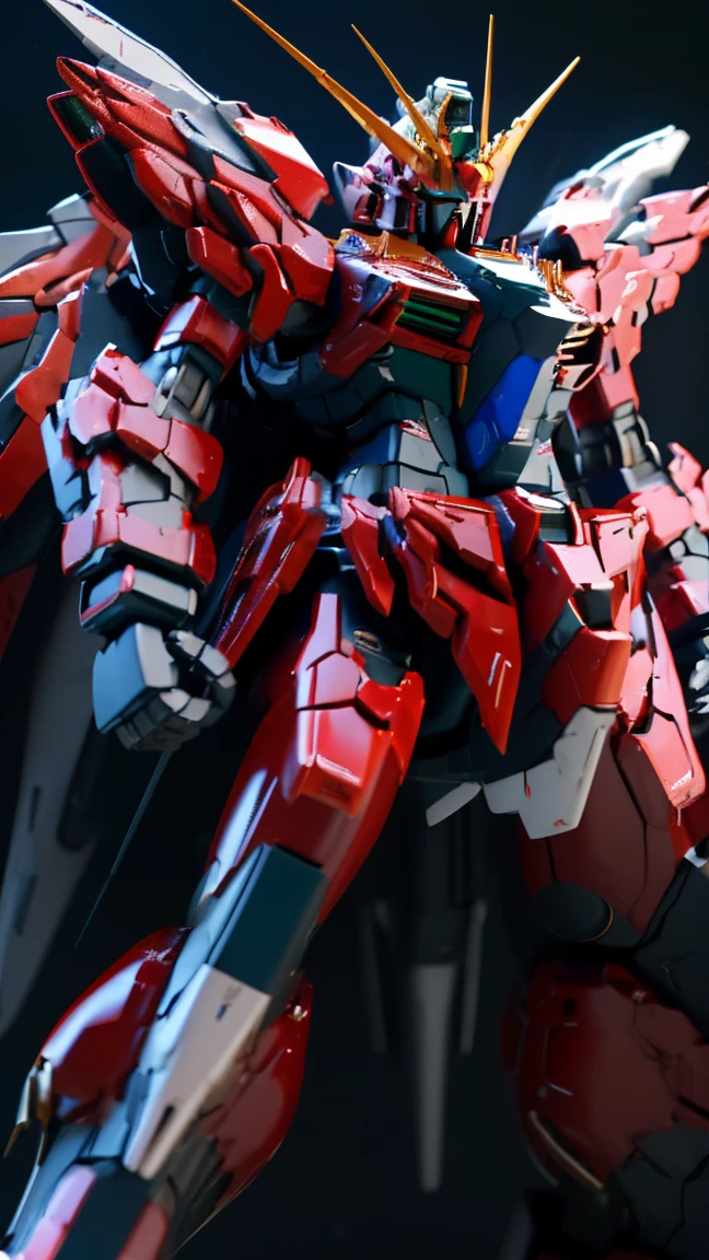 8K quality,(super masterpiece:1.3),highest quality,Detailed Images,One Gundam,Symmetrical Gundam,Blue Destiny,WX Gundam,God Gundam,Nu Gundam,Red Wings,It glows green,(The whole picture is visible,The whole body is visible,You can even see the feet),(Background,null,null中,Sunset,dusk).