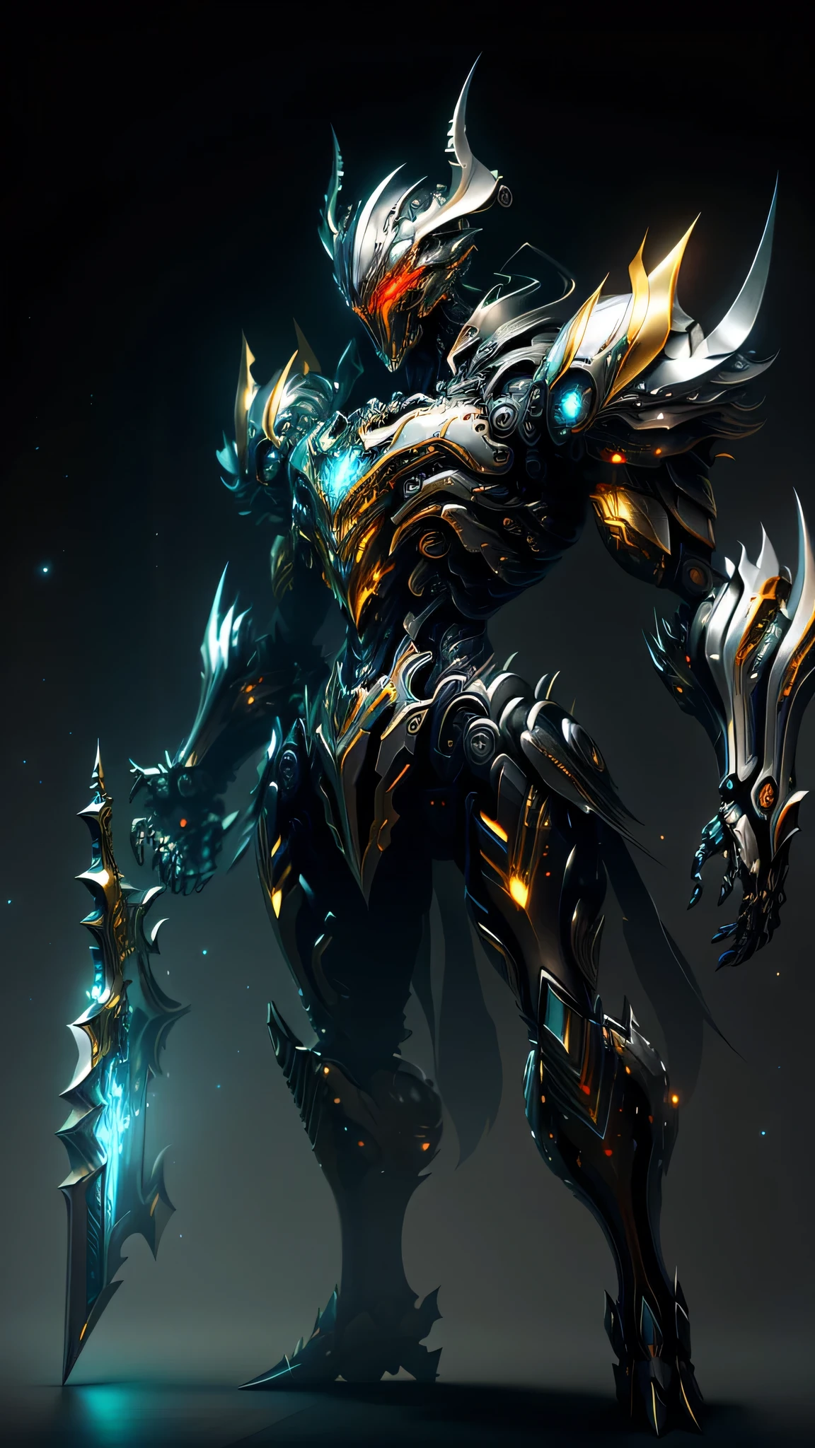 (masterpiece:1.2), best quality, high resolution, unity 8k wallpaper, (illustration:1.0), beautiful detailed, extremely detailed, perfect lighting, extremely detailed CG,glowing eyes,
Heavy Mech,skeleton armor,(shining silver),full_armor,warframe,horns, fake horns, red eyes, global ray tracing, wielding a sword in each hands , dynamic fighting stance pose ,
looking at the viewer,solo,perspective,