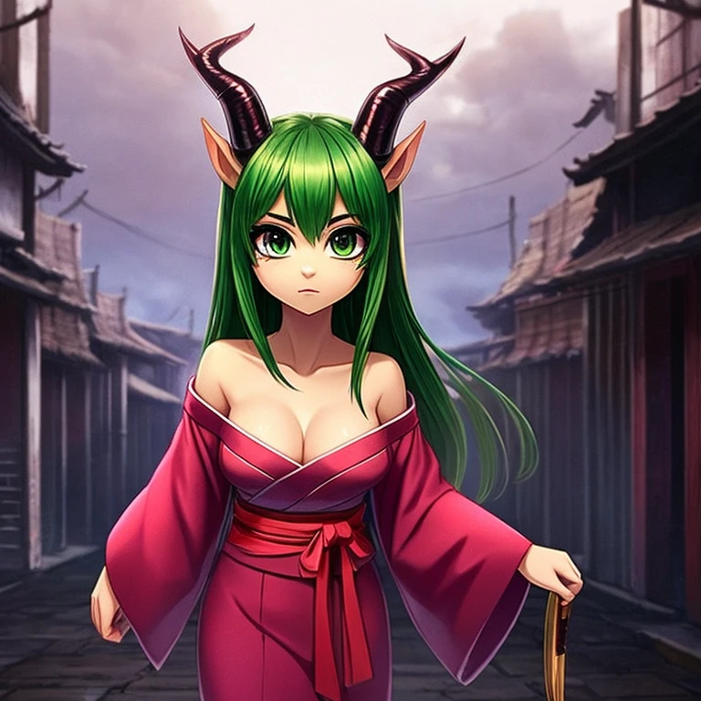 1girl, bangs, breasts, cleavage, collarbone, green_eyes, kimono, (cinematic, atmospheric:1.3), oni, samurai, green_hair, horns, japanese_clothes, kimono, small_breasts, long_hair, looking_at_viewer, open_clothes, solo, upper_body