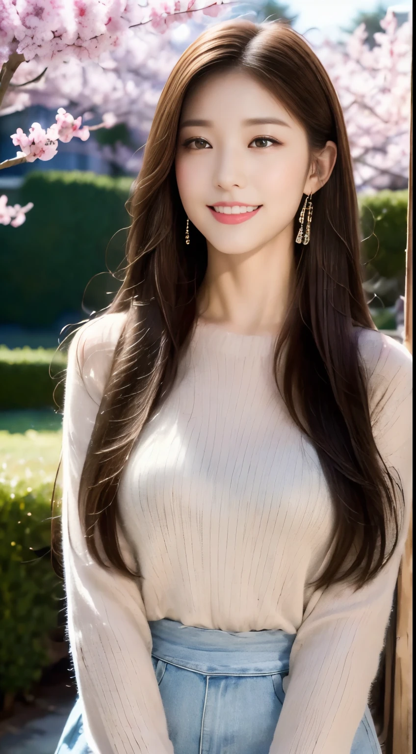 ((highest quality, 8k, masterpiece :1.3)), One Girl, close, ((A very affectionate smile:1.2)),Red lipstick,Dark lipstick,Beautiful woman, Big Breasts:1.3,Violet Sweater,Orange tight skirt,Highly detailed face, fine grain, double eyelid,  Blur the background, outside, sunny,cherry blossoms, spring, nature,amusement park, (Maximum resolution: 1.4), (Ultra high definition: 1.2), Cinematic Light, (Detailed eyesと肌), (Detailed facial features), 8k resolution, Perfect Style, Beautiful expression、Highly detailed faceと肌の質感、Detailed eyes、double eyelid、((Pure white skin:1.2)),Glossy Lips:1.2、Detailed lips,Wet lips,((Full Body Shot:1.2)),(Straight Hairstyles、Light brown hair)、One-length long hair、175cm