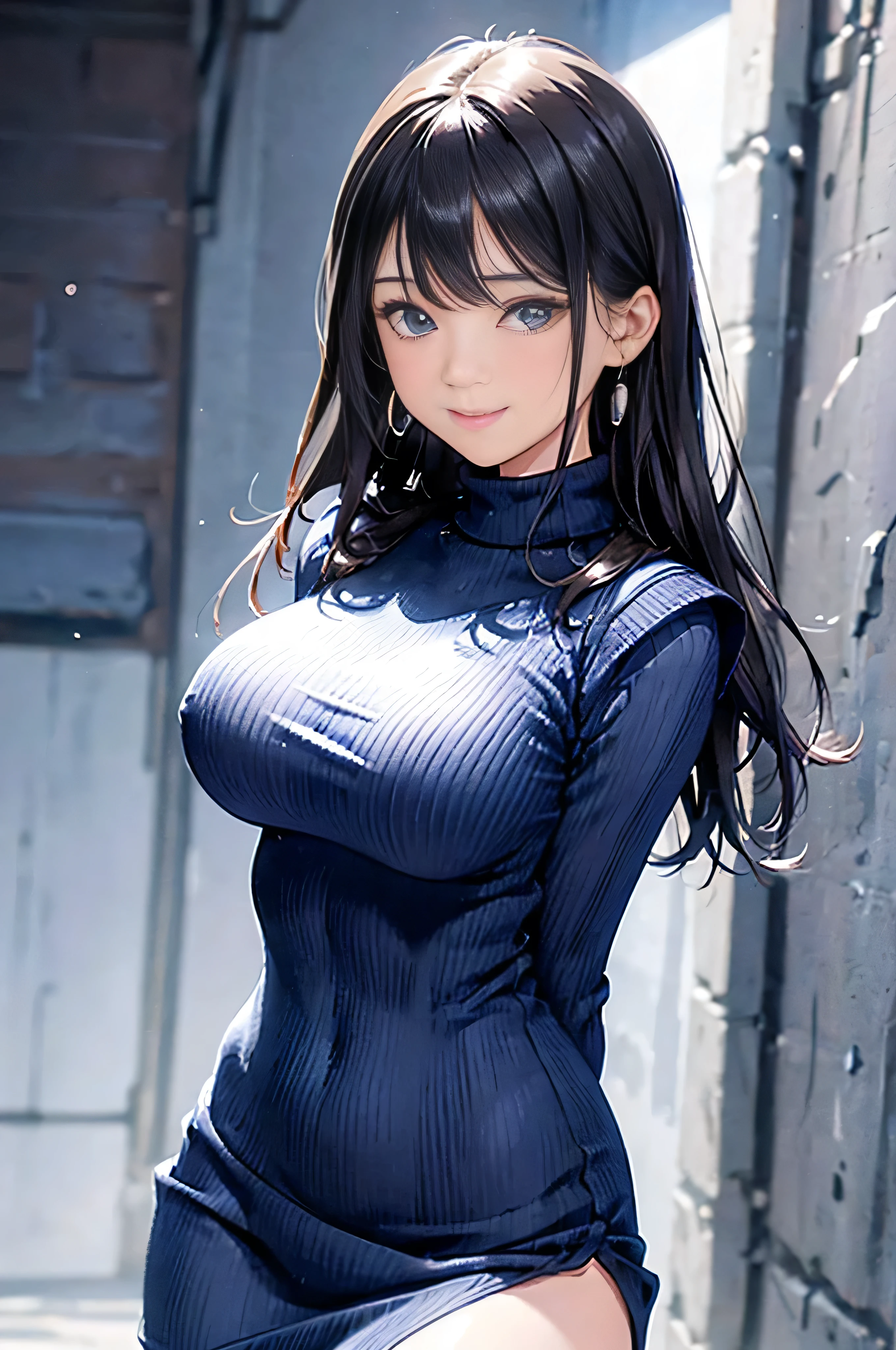 (Dark blue turtleneck sleeveless knit)、pencil skirts、20 year old girl, breasts of medium size,, Tron bulge in the chest、Puffy nipple、Pinch your chest with your arms、brown haired、Long Wave Hair,in the city street, a necklace、Earring、knee high stockings、high-heels ((Very detailed)), Shy smile、Kamimei、(Perfectly detailed face), (Well detailed hands) Photorealistic images、full body seen、emphasis on the buttocks
