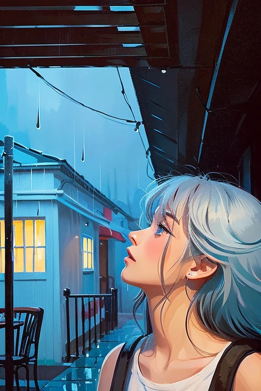 2D illustration of a Russian girl in her early 20s with ash-gray hair, taking shelter from the rain under the eaves of a cafe, looking up hoping the rain will stop.