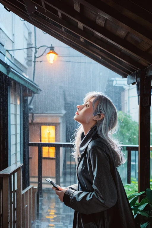 2D illustration of a Russian girl in her early 20s with ash-gray hair, taking shelter from the rain under the eaves of a cafe, looking up hoping the rain will stop.