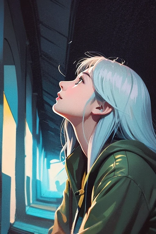 2D illustration of a Russian girl in her early 20s with ash-gray hair, taking shelter from the rain under the eaves of a cafe, looking up hoping the rain will stop.