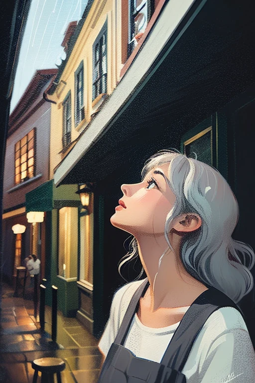 2D illustration of a Russian girl in her early 20s with ash-gray hair, taking shelter from the rain under the eaves of a cafe, looking up hoping the rain will stop.
