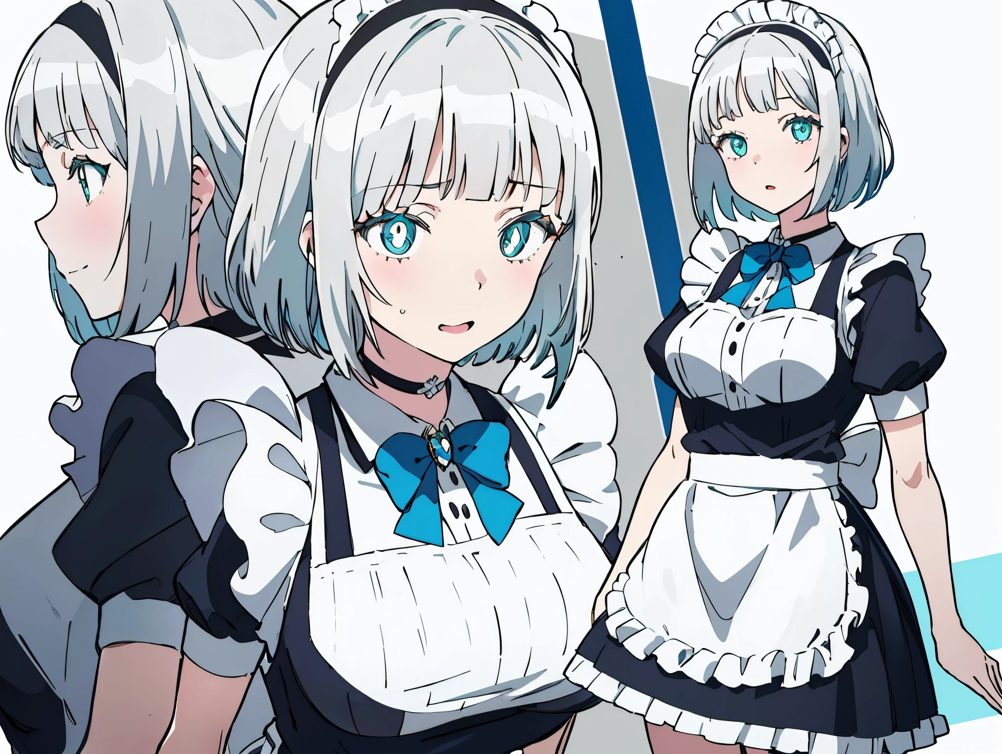 1 girl,AnnaNishikinomiya, white hair, aqua eyes, short hair, black hairband, choker, large breasts,
BREAK (maid,maid headdress, maid apron, blue bow:1.2), BREAK medium shot , angled shot from the side , from below,
BREAK ((anime girl)), best quality, expressive eyes, perfect face, (masterpiece), best quality, expressive eyes, perfect face, ((best quality)), ((ultra-detailed)), ((an extremely delicate and beautiful)), perfect eyes, perfect body, ((details pupils)), ((detailed pupils)), ((synmetry eyes)), beautiful eyes, ((thick thighs)), shiny skin, soft skin, ((synmetry body)), ((perfect body)),perfect hands, perfect anatomy),