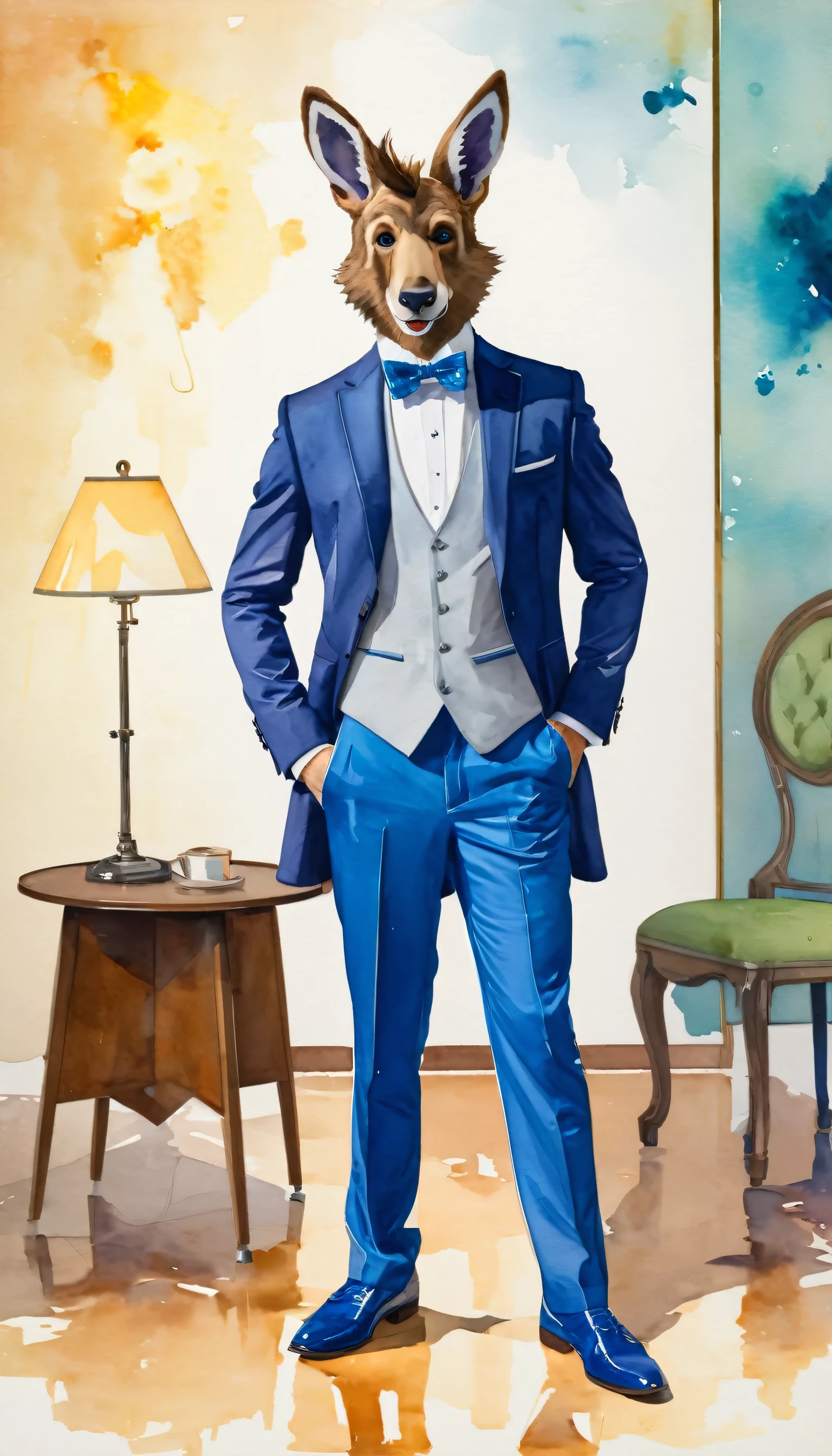 donkey in a suit and tie indoors, standing near a table, wearing formal attire, indoors, table, bowtie, bow, standing, pants, jacket, vest, furry, formal, suit, white shirt, shoes, blue pants, chair, hand up, full body, animal ears, hand on hip, lamp, looking at viewer, modern art, painting, drawing, watercolor painting, psychedelic colors