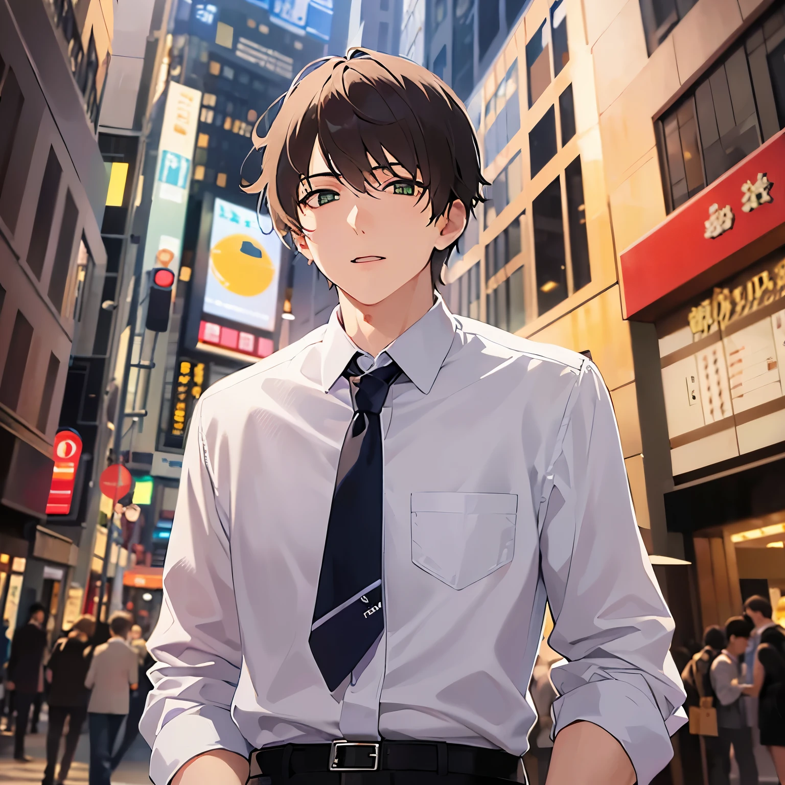 Shooting from below、masterpiece、highest quality、(25-year-old male:1.5) and (Brown short hair) and (Green Eyes), (Wearing a suit) and (White shirt) and (Blue tie)、Are standing、(confused:1.5)、open mouth, The background is a shopping street at night、(Alone:1.5)、Upper body is shown、