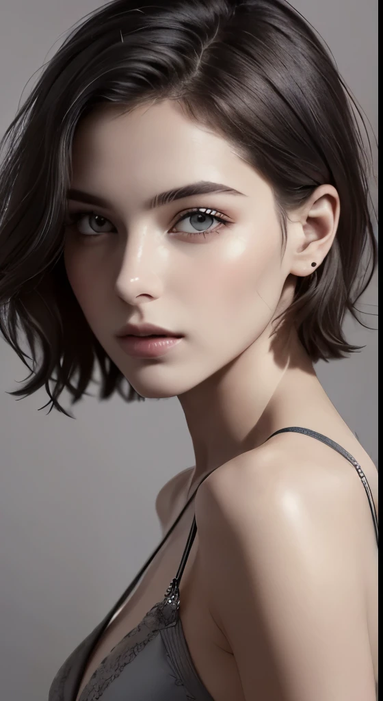 8K uhd、RAWphotograph、モデルphotograph撮影、 European race、(masterpiece、highest quality、Photorealistic、High resolution、photograph:1.3)、Close-up、Focusing、Hot Model、slim、30 year old mature woman、Small face、No makeup、Short Hair、Dark Brown Hair、Fine beautiful eyes、Realスキン、(perfect body)、Sexy hot face、Erotic、Sexual gaze、Detailed beautiful eyes、Glossy lips、Small breasts、Small breasts、Bust B cup、((Bright light、Dynamic lighting、Real、超Real、 realism、Realなディテール、Cool beauty、Cool pose、Background gray、Plain grey background
