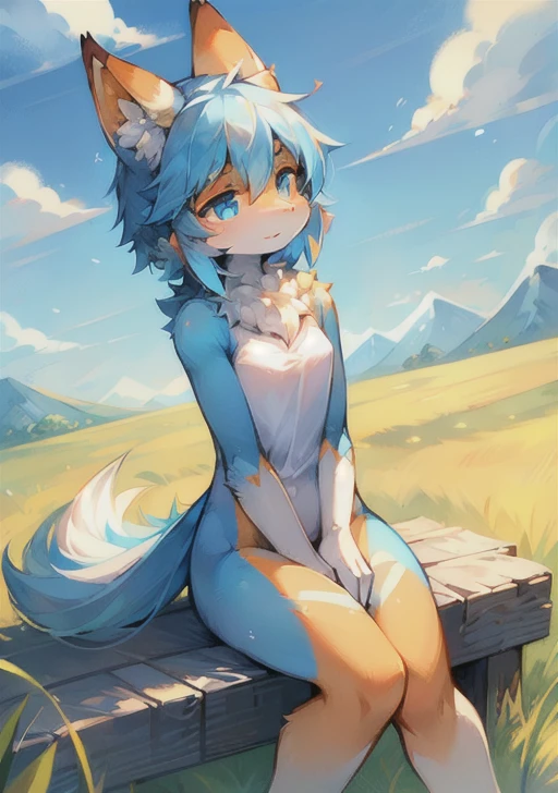 Fluffy, Lovely, woman, Blue fur, Small amount of orange fur, Light blue pupils, Pure white ears，Ear tip orange，Sky blue tail, Tail tip orange, Good shape, Bright sky, cloud, grassland, Solitary, 在grassland上，Sitting