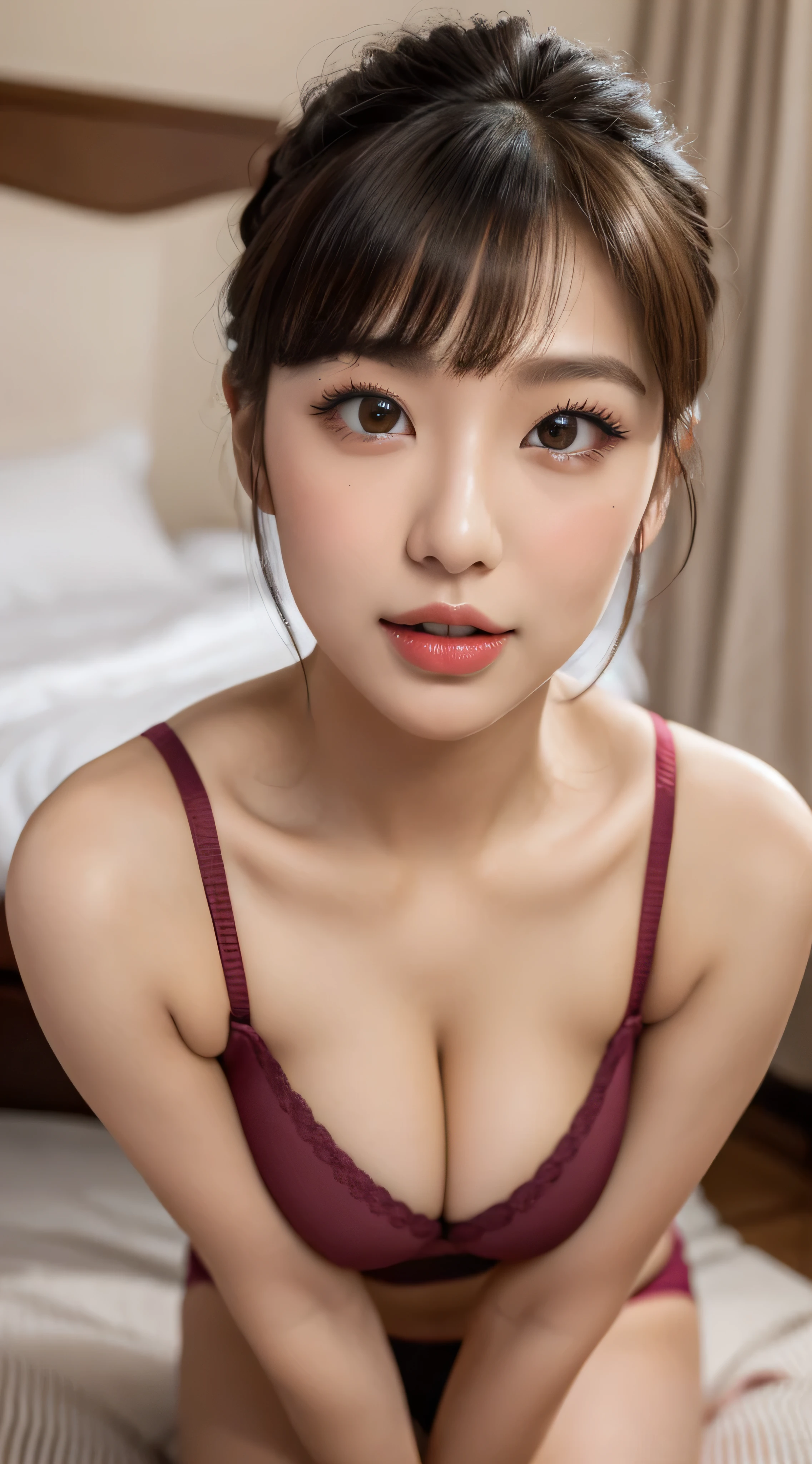 ((Best Quality, 8K, Masterpiece: 1.3)), Upper Body (1.3), Colossal (5), Outstanding Style, Gentle Face, baby face, puffed up chin, Parallel Eyebrows, great smile, perfect teeth, very happy to see you, Natural Makeup, sexy sports bra that emphasize natural perfect cleavage, refresh, winged eyeliner, blushing, perfect strong winged eyeliner, glossy red lips,thin eyebrows, really fine eyes, Soft skin that shines in every detail, perfect flawless make up, eye contact,perfect body, shocked expression in the eyes, extremely detailed cleavage, attractive girl, gorgeous young, submissive gaze, teasing you, bedroom, gesture
