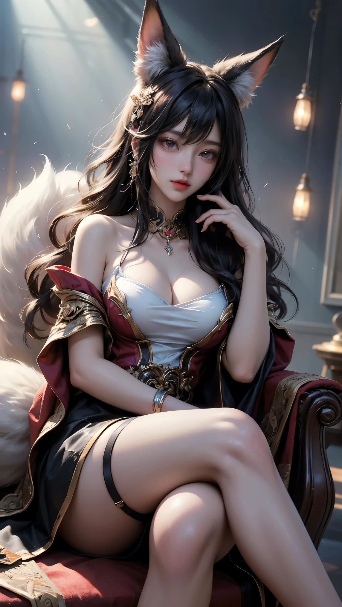 (masterpiece), (best quality), (ultra detailed),(illustration), (1girl),looking at viewer, (interview),beautiful detailed eyes, delicate beautiful face, Floating,(high saturation),(shining), breast, yaohu,Dharma ball, fox ear, fox girl, crossed legs, thigh