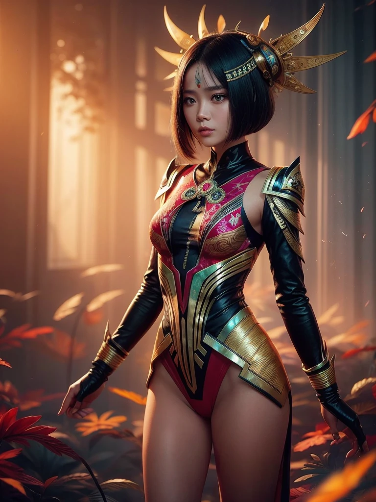 An Indonesian-styled futuristic suit worn by a girl depicting cultural fusion and modern fashion. The suit is adorned with intricate patterns and vibrant colors, showcasing the rich heritage of Indonesia. The girl stands confidently in a dynamic pose, with her detailed eyes reflecting determination and curiosity. The suit's material is a combination of traditional textiles and futuristic synthetic fabrics, giving it a unique and avant-garde appearance. The overall image quality is of the highest standard, with sharp focus and ultra-detailed rendering. The artwork employs physically-based rendering techniques, resulting in realistic lighting and shadows. The colors are vivid and vibrant, capturing the essence of Indonesian cultural aesthetics. The background features a fusion of modern architecture and traditional elements, creating a harmonious blend of the past and the future. The prompt explores the intersection of Indonesian culture, futuristic design, and the artistic representation of a confident girl
